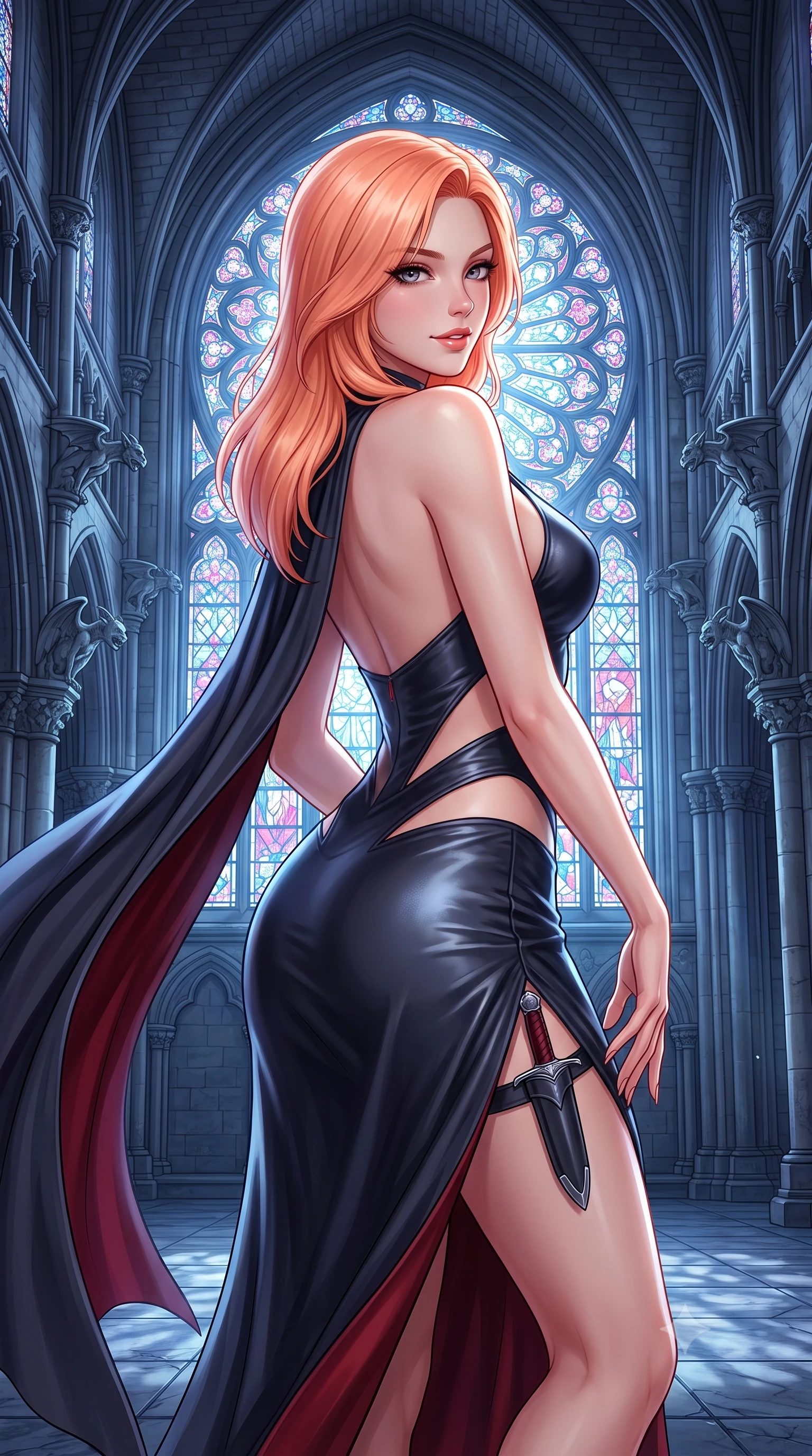 score_9, masterpiece, best quality, ultra-detailed, high-budget anime keyframe, semi-realistic 3D game render, editorial fashion photography, tasteful artistic composition, Japanese woman. close-up cowboy shot from the waist and thighs up, the character dominates the composition, filling the frame with her large presence. turning over a bare shoulder with an intoxicating, teasing smile, her soft hair framing her sharp jawline as she looks back while arching her back in an alluring dance-like pause as moonlight pours through a colossal rose stained-glass window. The surrounding environment is rendered in vivid detail and crisp panoramic clarity. intricate stone rib vaulting, gothic gargoyle carvings, and cold marble flagstone textures in deep focus. She has an exceptionally elegant, slender, and willowy female figure with an ultra-slim waist, a gracefully sculpted slender torso, toned flat midriff, and a refined slim silhouette. sharp v-shaped jawline, high-bridge nose, intricate jewel-like eyes with depth, thick eyelashes, glossy parted lips with a natural sheen, intensely captivating and seductive expression, flawlessly proportioned anatomical accuracy, strict slender model proportions, natural body alignment, perfectly sculpted long slender limbs, ultra-slim waistline, clean dynamic posture without body distortion. wearing a gothic siren halter-neck dress with dramatic diagonal torso cutouts and a trailing floor-length silk cape in midnight slate and deep scarlet accents, crafted from supple second-skin lambskin leather with specular sheen, equipped with a concealed dagger sheath garter under her slit skirt, the precision-cut daring openings accentuating her delicate midriff, graceful bare collarbones, and ultra-slim feminine waistline. surrounded by an immortal, transcendent, and breathtakingly majestic gothic siren aura. highly saturated vibrant anime colors, detailed shading with soft gradients, rich glossy textures, high-contrast stereoscopic depth, volumetric dynamic lighting, master piece, 9:16 ratio