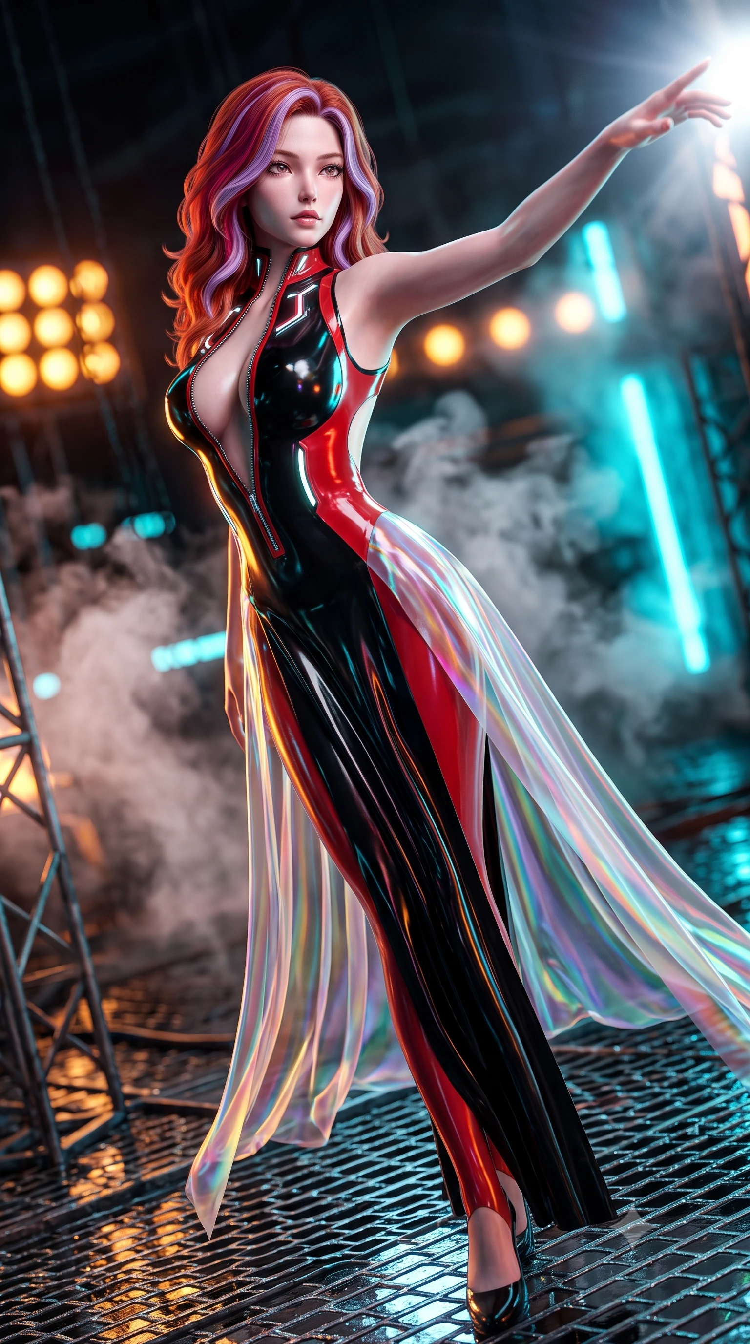 score_9, masterpiece, best quality, ultra-detailed, high-budget anime keyframe, semi-realistic 3D game render, editorial fashion photography, tasteful artistic composition, Caucasian woman. close-up cowboy shot from the waist and thighs up, the character dominates the composition, filling the frame with her large presence. extending one arm gracefully toward the light while her torso arches in a sleek, alluring curve with magnetic intensity while pivoting dynamically on wet metal grating as pulsating neon arena floodlights trace her sculpted waist. The composition keeps background elements in soft focus with creamy bokeh. swirling steam clouds and neon arena floodlights blurred into intense amber and electric cyan bokeh. She has an exceptionally elegant, slender, and willowy female figure with an ultra-slim waist, a gracefully sculpted slender torso, and a refined silhouette. sharp v-shaped jawline, high-bridge nose, intricate jewel-like eyes with depth, thick eyelashes, glossy lips with a natural sheen, flawlessly proportioned anatomical accuracy, natural body alignment, perfectly sculpted elegant limbs, clean dynamic posture without body distortion. wearing a translucent iridescent chiffon gown with a plunging neckline, high dual thigh slits, and an open back in glossy obsidian black and radiant crimson red, crafted from ultra-reflective second-skin latex with a glass-like polish, featuring a dangerously unzipped neckline framed by glowing cybernetic accents, the form-contouring second-skin material highlighting her ultra-slim waist and long lines. surrounded by a fierce, electrifying, and dangerously provocative sensual combat aura. highly saturated vibrant anime colors, detailed shading with soft gradients, rich glossy textures, high-contrast stereoscopic depth, volumetric dynamic lighting, master piece, 9:16 ratio