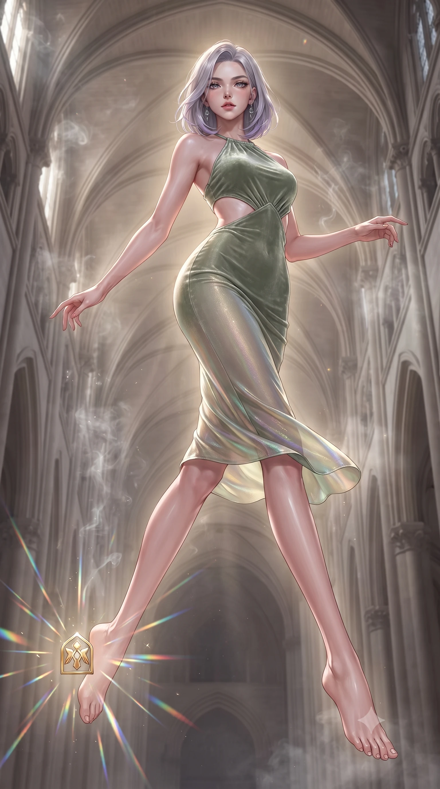 score_9, masterpiece, best quality, ultra-detailed, high-budget anime keyframe, editorial fashion photography, tasteful artistic composition, Caucasian woman. low angle full-body shot from head to toe showing her feet, filling the entire 9:16 vertical frame with her statuesque presence, stretching her vertical silhouette. leaping gracefully through the environment with statuesque elegance and long slender legs touching a floating golden icon surrounded by kaleidoscope light rays, majestic vaulted ceilings rising high into a luminous atmosphere. She has an absolutely perfect, statuesque 8.5-heads proportion, an exceptionally tall and slender model-like female figure with impossibly long slender legs and an ultra-slim waist. sharp v-shaped jawline, high-bridge nose, intricate jewel-like eyes with depth, thick eyelashes, glossy lips with a natural sheen. wearing a velvet halter-neck midi dress following her form like a glove in sage green and oatmeal, crafted from iridescent chiffon that shifts colors in the light, featuring clean architectural cutouts along her slender torso, the glove-like fit emphasizing her statuesque silhouette. surrounded by a glowing divine aura of sunbeams and incense radiance. ultra-reflective glossy finish, specular highlights, metallic sheen, high-contrast stereoscopic depth, volumetric dynamic lighting, 2k, ultra detail, master piece, 9:16 ratio