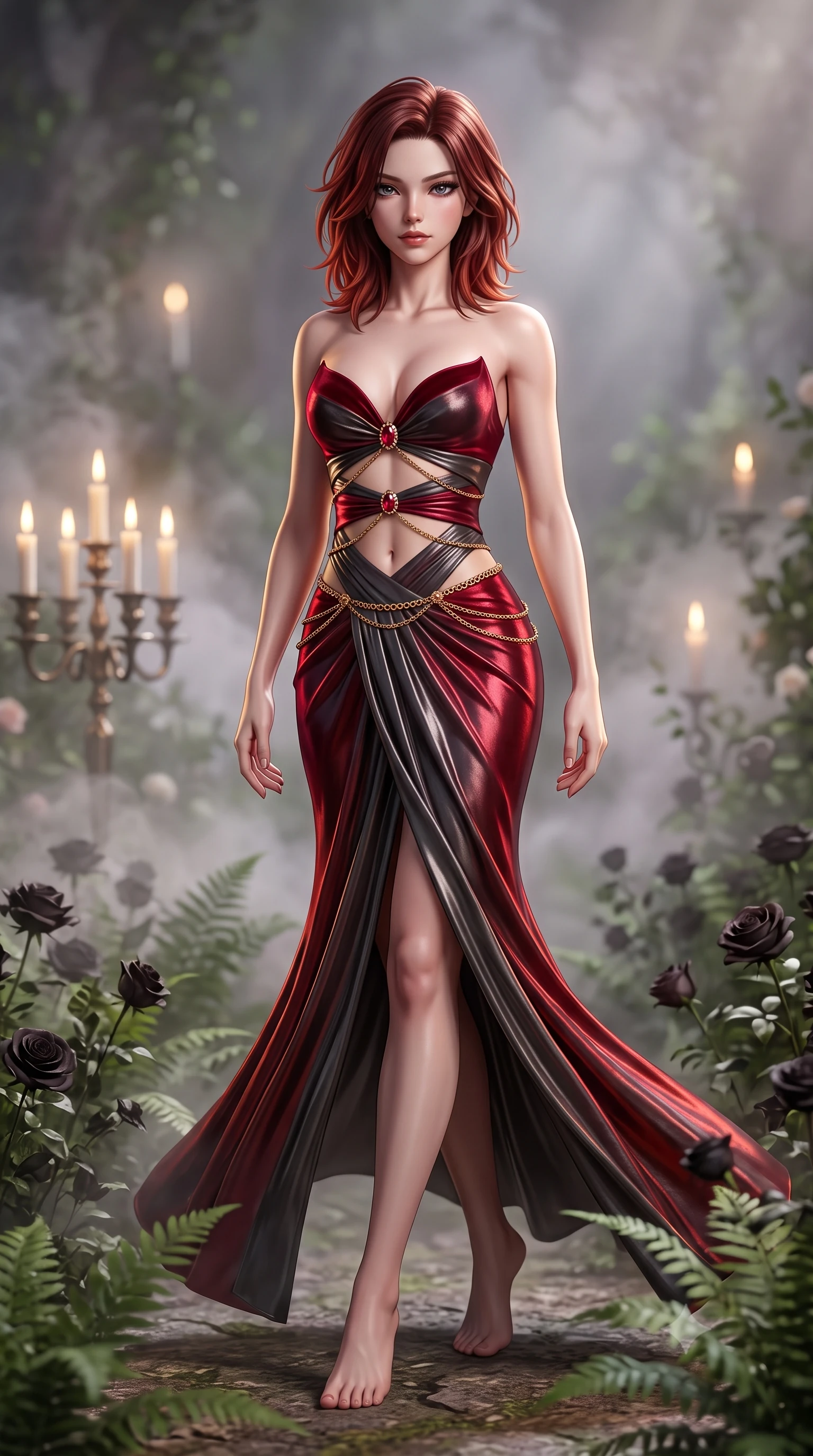 score_9, masterpiece, best quality, ultra-detailed, high-budget anime keyframe, semi-realistic 3D game render, editorial fashion photography, tasteful artistic composition, Korean woman. low angle full-body shot from head to toe showing her feet, filling the entire 9:16 vertical frame with her statuesque presence, stretching her vertical silhouette. pivoting dynamically with supreme athletic balance, her impossibly long slender legs and ultra-slim waist creating a mesmerizing vertical line while gliding between whispering ferns and overgrown black roses, her smoldering gaze locking onto the viewer with intoxicating allure. The composition keeps background elements in soft focus with creamy bokeh. flickering antique candelabras and swirling garden mist softened in dreamy romantic shallow focus. She has an absolutely perfect, statuesque 8.5-heads proportion, an exceptionally tall and slender model-like female figure with impossibly long slender legs, a toned flat midriff, and an ultra-slim waist. sharp v-shaped jawline, high-bridge nose, intricate jewel-like eyes with depth, thick eyelashes, glossy parted lips with a natural sheen, intensely captivating and seductive expression, flawlessly proportioned anatomical accuracy, strict slender model proportions, natural body alignment, perfectly sculpted long slender limbs, ultra-slim waistline, clean dynamic posture without body distortion. wearing a deep sweetheart neckline velvet ballgown with an exposed midriff cutout framed by ruby clasps in rich ruby red and dark smoky charcoal, crafted from luxurious metallic lamé that shifts radiance with every step, complemented by a delicate gold waist chain framing her ultra-slim silhouette, the liquid-tight tailored fabric emphasizing every curve of her tall, slender model proportions and sculptured silhouette during dynamic movement. illuminated by dramatic chiaroscuro key light sharply carving her slender waist, bare collarbones, and jawline. highly saturated vibrant anime colors, detailed shading with soft gradients, rich glossy textures, high-contrast stereoscopic depth, volumetric dynamic lighting, master piece, 9:16 ratio