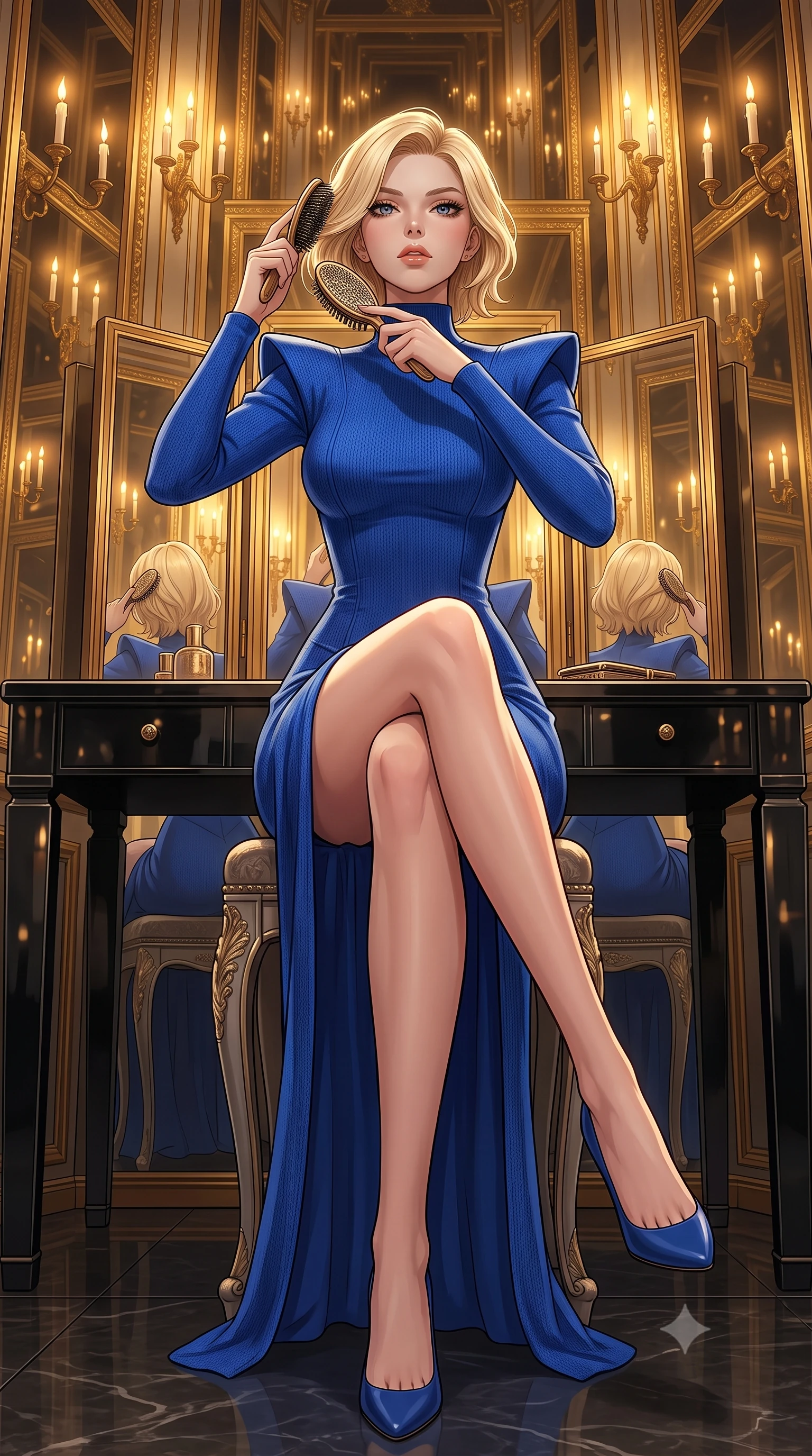 score_9, masterpiece, best quality, ultra-detailed, High-budget Anime Keyframe, Caucasian woman, strictly human ears. Low angle cowboy shot filling the entire 9:16 frame with her statuesque presence. Scenario 409: brushing her hair while seated before a vanity of black glass in a hall of mirrors reflecting infinite silhouettes in warm candlelight. Her presence is magnetic and overpowering in this high-budget anime scene. Outfit 409: a tailored cobalt blue bodycon knit catsuit featuring a high-slit skirt and structured shoulders. The clothing is designed to emphasize her exceptionally tall and slender 8-heads proportion. 8-heads proportion, towering silhouette, ultra-slim waist. sharp v-shaped jawline, intricate jewel-like eyes with depth, thick eyelashes, glossy lips. 2k, ultra detail, master piece, 9:16 ratio
