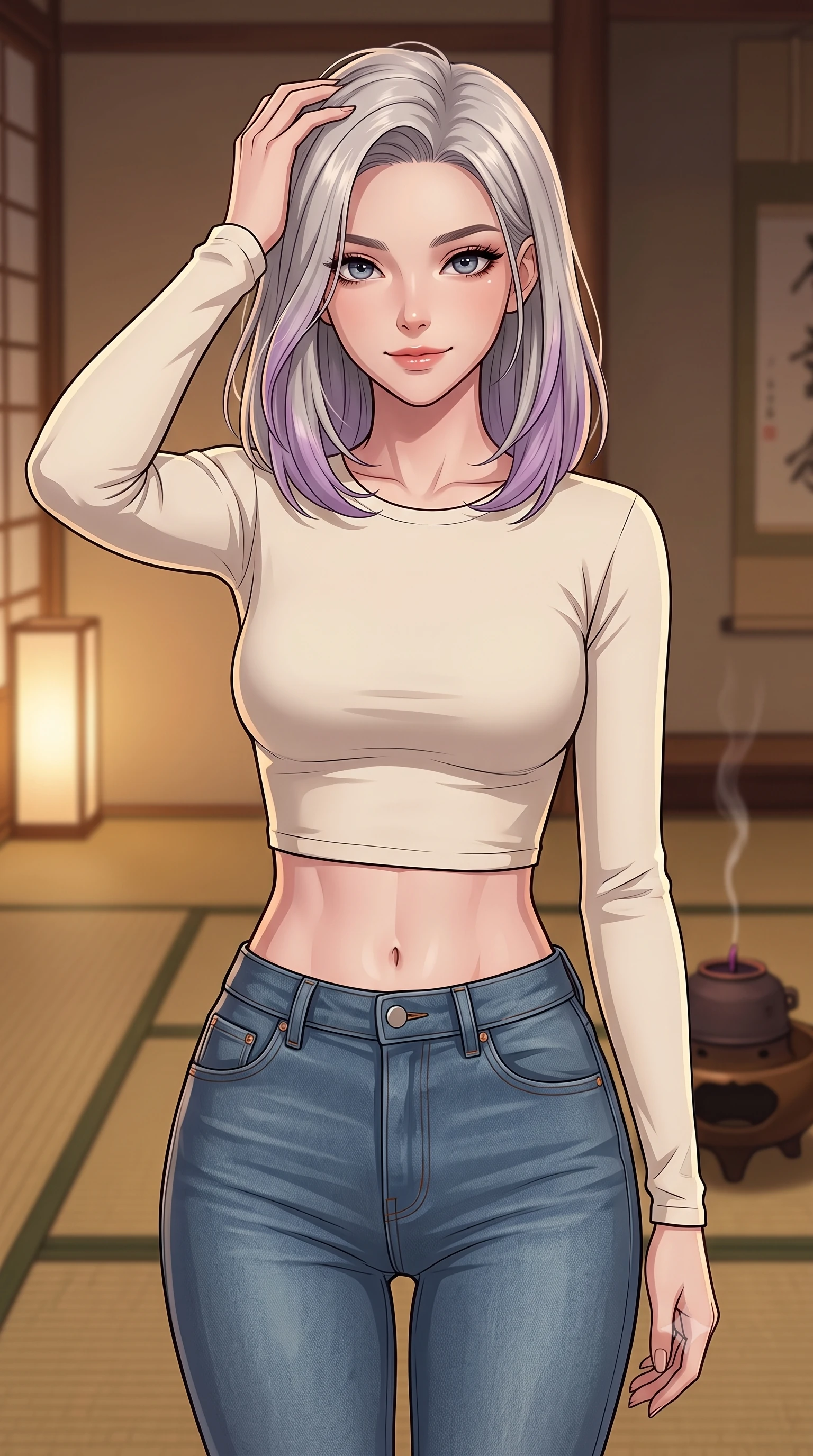 score_9, masterpiece, best quality, ultra-detailed, high-budget anime keyframe, tasteful artistic composition, Caucasian woman. close-up cowboy shot from the waist and thighs up, the character dominates the composition, filling the frame with her large presence, background elements kept in soft focus. smiling with quiet, magnetic self-assurance directly into the camera, running a hand through her hair the background shows a soft-focus a quiet traditional tea room with tatami mats and a burning incense burner. She has an exceptionally elegant, slender, and willowy female figure with an ultra-slim waist, a gracefully sculpted slender torso, and a refined silhouette. sharp v-shaped jawline, high-bridge nose, intricate jewel-like eyes with depth, thick eyelashes, glossy lips with a natural sheen. wearing a slim-fit body-hugging long-sleeve crop top in cream cotton paired with high-waisted skinny jeans. low-contrast, soft warm ambient uplight casting a peaceful glow. highly saturated vibrant anime colors, cel-shading, 2d style, master piece, 9:16 ratio