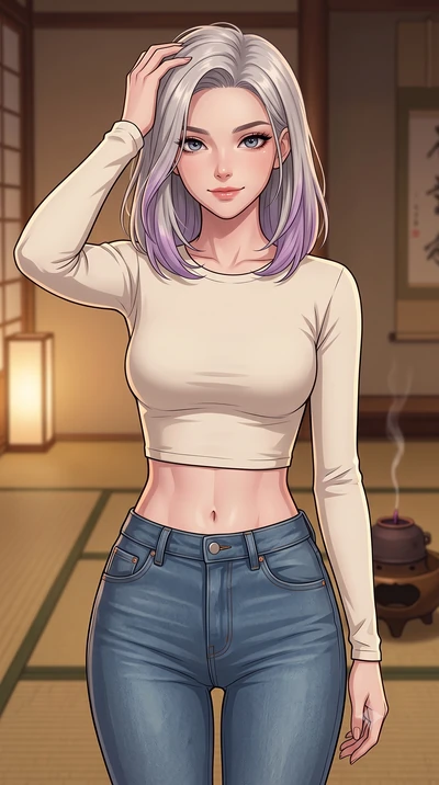 score_9, masterpiece, best quality, ultra-detailed, high-budget anime keyframe, tasteful artistic composition, Caucasian woman. close-up cowboy shot from the waist and thighs up, the character dominates the composition, filling the frame with her lar