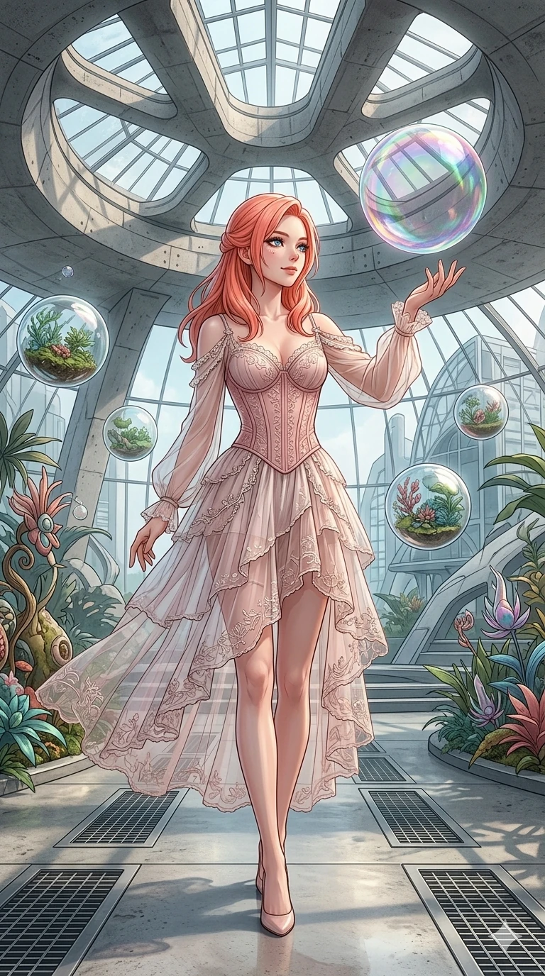 score_9, masterpiece, best quality, ultra-detailed, high-budget anime keyframe, editorial fashion photography, tasteful artistic composition, Japanese woman. cowboy shot from the thighs up, character and outfit filling the frame for maximum editorial presence. reaching a hand towards a floating bubble, looking at it with a quiet smile inside a retro-futuristic greenhouse with levitating glass spheres (Code-P18-196). She has an absolutely perfect 8-heads proportion, an exceptionally tall and slender female figure with impossibly long slender legs and an ultra-slim waist. V-shaped jawline, high-bridge nose, intricate jewel-like eyes with depth, thick eyelashes, glossy lips with a natural sheen. wearing a sheer chiffon dress with a pink corset bodice. soft diffused light from a concrete skylight, highlighting her V-shaped jawline and nose. 2k, ultra detail, master piece, 9:16 ratio