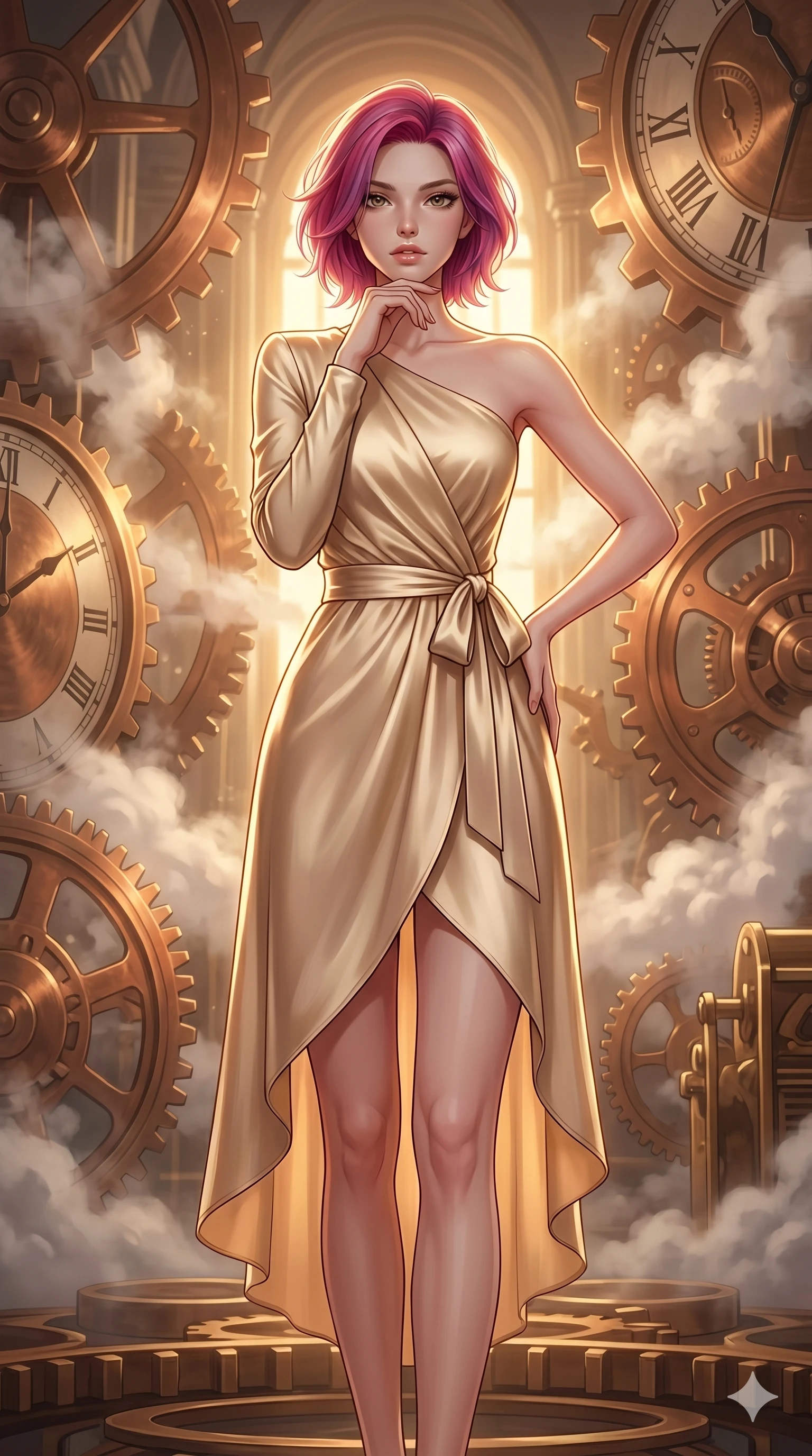 score_9, masterpiece, best quality, ultra-detailed, high-budget anime keyframe, editorial fashion photography, tasteful artistic composition, Caucasian woman, strictly human ears. cowboy shot from the thighs up, character and outfit filling the frame for maximum editorial presence. Resting her chin on the backs of her fingers in a confident pose inside an ancient clockwork cathedral where giant copper gears rotate amidst floating steam clouds. She has an absolutely perfect 8-heads proportion, an exceptionally tall and slender female figure with impossibly long slender legs and an ultra-slim waist. V-shaped jawline, high-bridge nose, intricate jewel-like eyes with depth, thick eyelashes, glossy lips with a natural sheen. wearing a champagne-gold asymmetric wrap dress in fluid satin with a single long sleeve, a sculpted collarbone line, and a self-tying sash that cinches the waist, falling to a high-low hemline. under warm golden hour backlighting creating a luminous radiant halo around her silhouette. 2k, ultra detail, master piece, 9:16 ratio