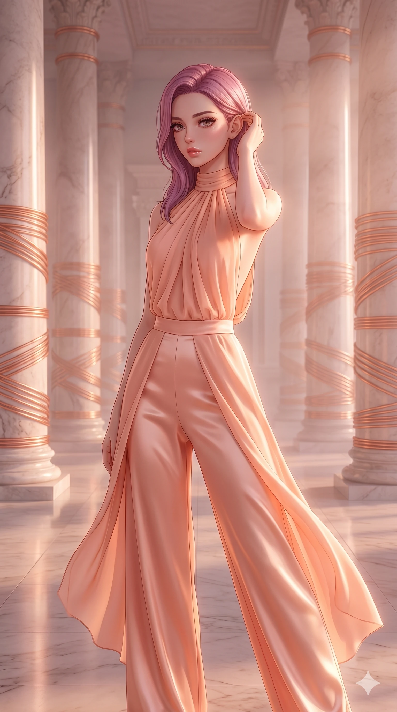 score_9, masterpiece, best quality, ultra-detailed, high-budget anime keyframe, editorial fashion photography, tasteful artistic composition, Caucasian woman, strictly human ears. cowboy shot from the thighs up, character and outfit filling the frame for maximum editorial presence. Lifting one hand to gently tuck hair behind her ear mid-frame within a hall of giant marble pillars wrapped in bands of glowing copper wire. She has an absolutely perfect 8-heads proportion, an exceptionally tall and slender female figure with impossibly long slender legs and an ultra-slim waist. V-shaped jawline, high-bridge nose, intricate jewel-like eyes with depth, thick eyelashes, glossy lips with a natural sheen. wearing a draped halter top in peach chiffon with an open back, paired with matching wide-leg trousers in flowing satin. bathed in soft rose-gold dawn light filtering through atmospheric volumetric fog that wraps her silhouette. 2k, ultra detail, master piece, 9:16 ratio