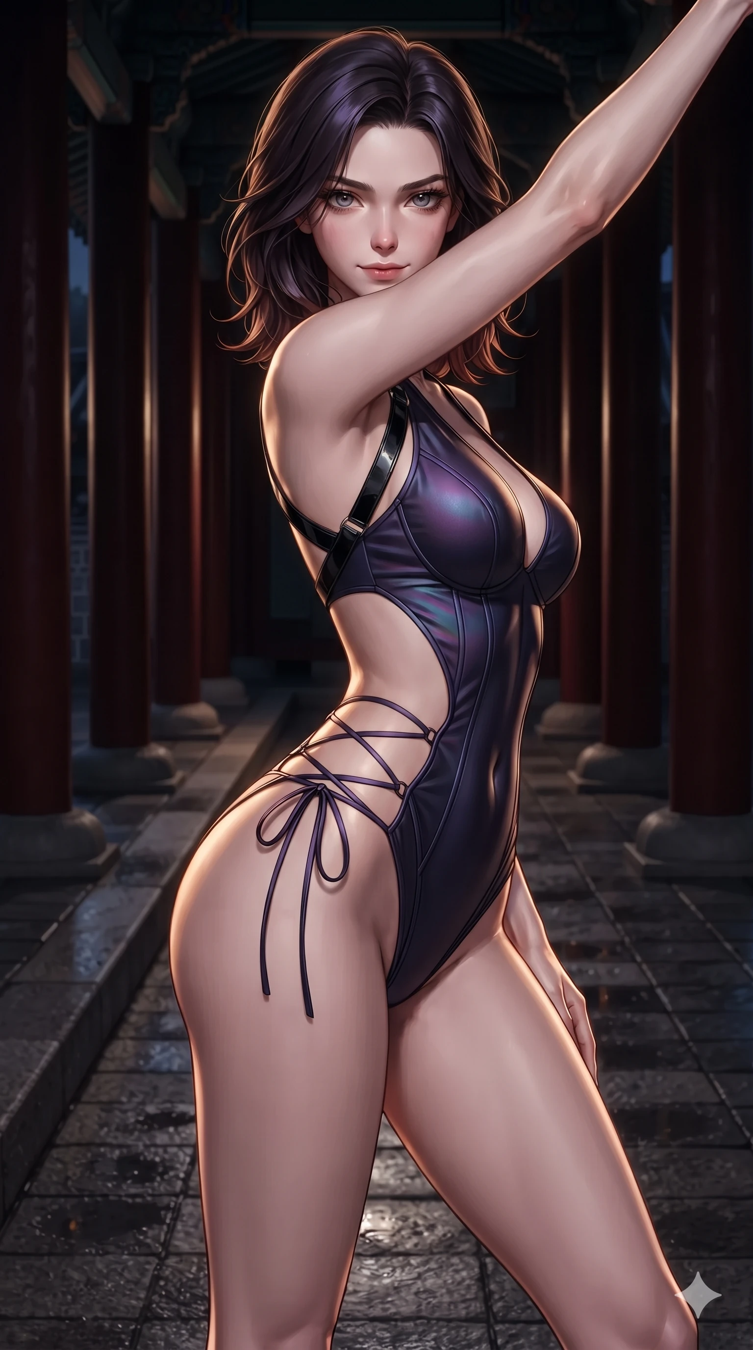 score_9, masterpiece, best quality, ultra-detailed, high-budget anime keyframe, editorial fashion photography, tasteful artistic composition, Korean woman. close-up cowboy shot from the waist and thighs up, the character dominates the composition, filling the frame with her large presence. twisting her slender torso in a deep contrapposto stance, hips dramatically shifted to accentuate her feminine curves while twisting her slender torso in an alluring contrapposto stance between repeating dark pillars, golden lantern beams tracing her flat midriff and curvy hips. The surrounding environment is rendered in vivid detail and crisp panoramic clarity: sharp black lacquer gloss reflections, weathered granite pathway flags, and brass lantern filigree in deep focus. She has an exceptionally elegant, slender, and willowy female figure with an ultra-slim waist, flat toned midriff, narrow ribcage, and sculpted feminine hips creating an alluring, slim hourglass silhouette without bulk. sharp v-shaped jawline, high-bridge nose, intricate jewel-like dark sparkling eyes with hypnotic seductive depth, thick curled eyelashes, glossy parted lips with a natural wine sheen, alluring bedroom-eyes with an enigmatic smoldering smile, exuding magnetic sovereign charisma and dark avant-garde glamour, flawlessly proportioned anatomical accuracy, strict slender model proportions, natural body alignment, perfectly sculpted long slender limbs, ultra-slim waistline, clean dynamic posture without body distortion. wearing a low-slung cutaway leather bodysuit with bare hip flanks and criss-cross cord ties in iridescent dark violet taffeta and midnight indigo, woven from matte carbon-fiber weave with high-tech structural hold, featuring an open-back criss-cross harness strap in patent black leather, the bespoke structured tailoring following the natural line of her 8.5-heads silhouette with refined elegance. illuminated by wet stone ground bounce and sharp gold-amber rim lights sculpting her razor-sharp jawline, narrow waist, and curvy hips. ultra-reflective glossy finish, specular highlights, metallic sheen, high-contrast stereoscopic depth, volumetric dynamic lighting, 2k, ultra detail, master piece, 9:16 ratio