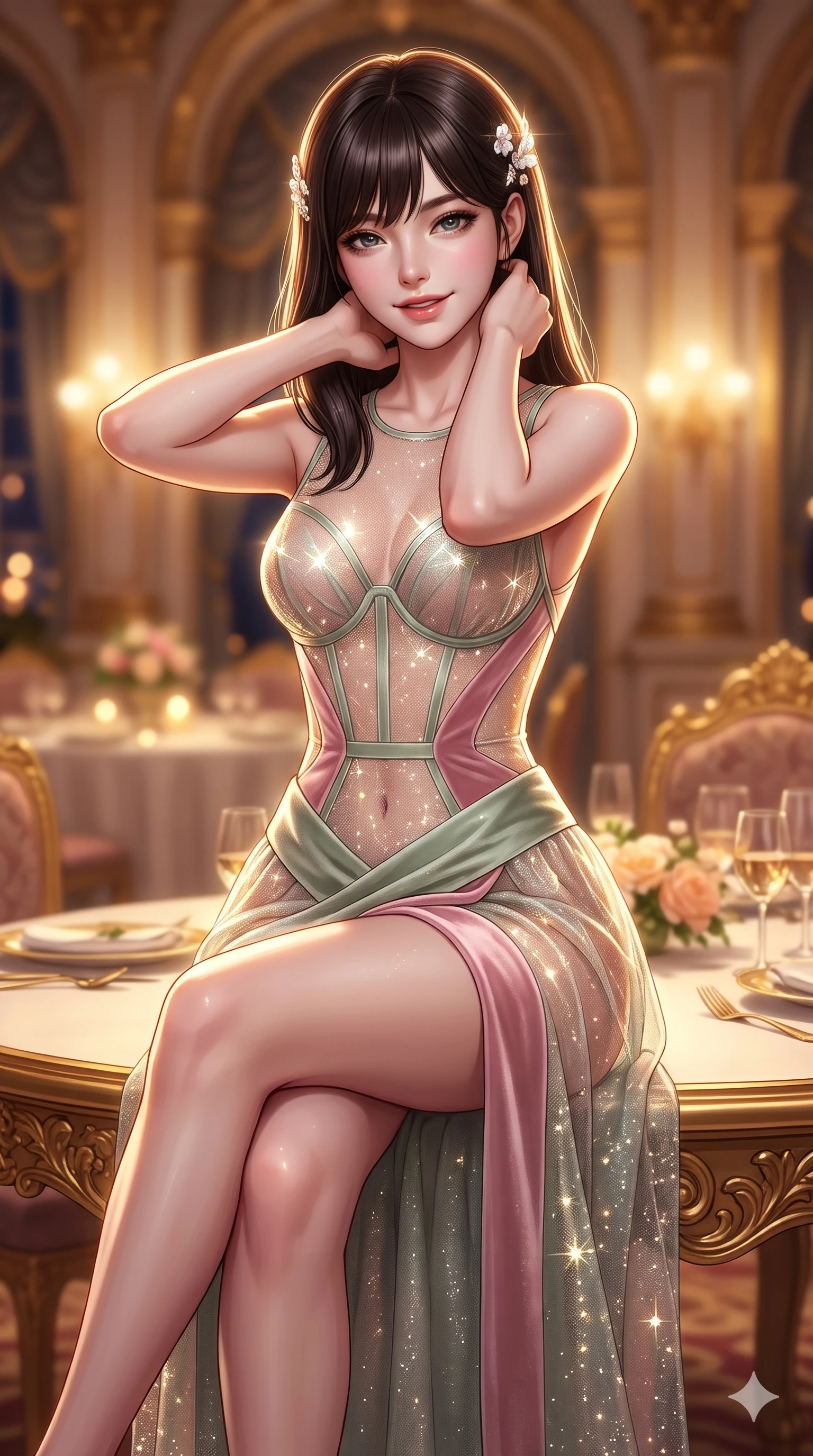 score_9, masterpiece, best quality, ultra-detailed, high-budget anime keyframe, semi-realistic 3D game render, editorial fashion photography, tasteful artistic composition, Korean woman. close-up cowboy shot from the waist and thighs up, the character dominates the composition, filling the frame with her large presence. resting both hands lightly behind her neck with elbows raised, arching her spine to highlight her narrow waist, flat midriff, and breathtaking collarbones while perched on the edge of the gilded banquet table with legs crossed, leaning close with sparkling eyes and an intoxicating siren smile. The background shows a soft-focus opulent royal palace banquet hall softened in festive nocturnal shallow focus. She has an exceptionally elegant, slender, and willowy female figure with an ultra-slim waist, flat toned midriff, narrow ribcage, and sculpted feminine hips creating an alluring, slim hourglass silhouette without bulk. sharp v-shaped jawline, high-bridge nose, sparkling eyes with hypnotic seductive depth, thick curled eyelashes, glossy parted lips with a natural dewy peach sheen, alluring bedroom-eyes with an enchanting coquettish smile, exuding magnetic siren charisma and sophisticated glamour, flawlessly proportioned anatomical accuracy, strict slender model proportions, natural body alignment, perfectly sculpted long slender limbs, ultra-slim waistline, clean dynamic posture without body distortion. wearing a sheer-illusion mesh corset gown with strategic opaque velvet hanbok panels framing her waist and hips in soft lotus rose and morning dew sage green, woven from metallic lurex thread casting radiant starlight glints across her silhouette, finished with delicate mother-of-pearl hairpin ornaments glinting in her dark glossy hair, the precision-cut side openings and low-back scoop framing her graceful spine and the sensual sweep of her slim, toned hips. illuminated by polished floor bounce and sharp gold-champagne rim lights sculpting her razor-sharp jawline, narrow waist, and curvy hips. highly saturated vibrant anime colors, detailed shading with soft gradients, rich glossy textures, high-contrast stereoscopic depth, volumetric dynamic lighting, master piece, 9:16 ratio