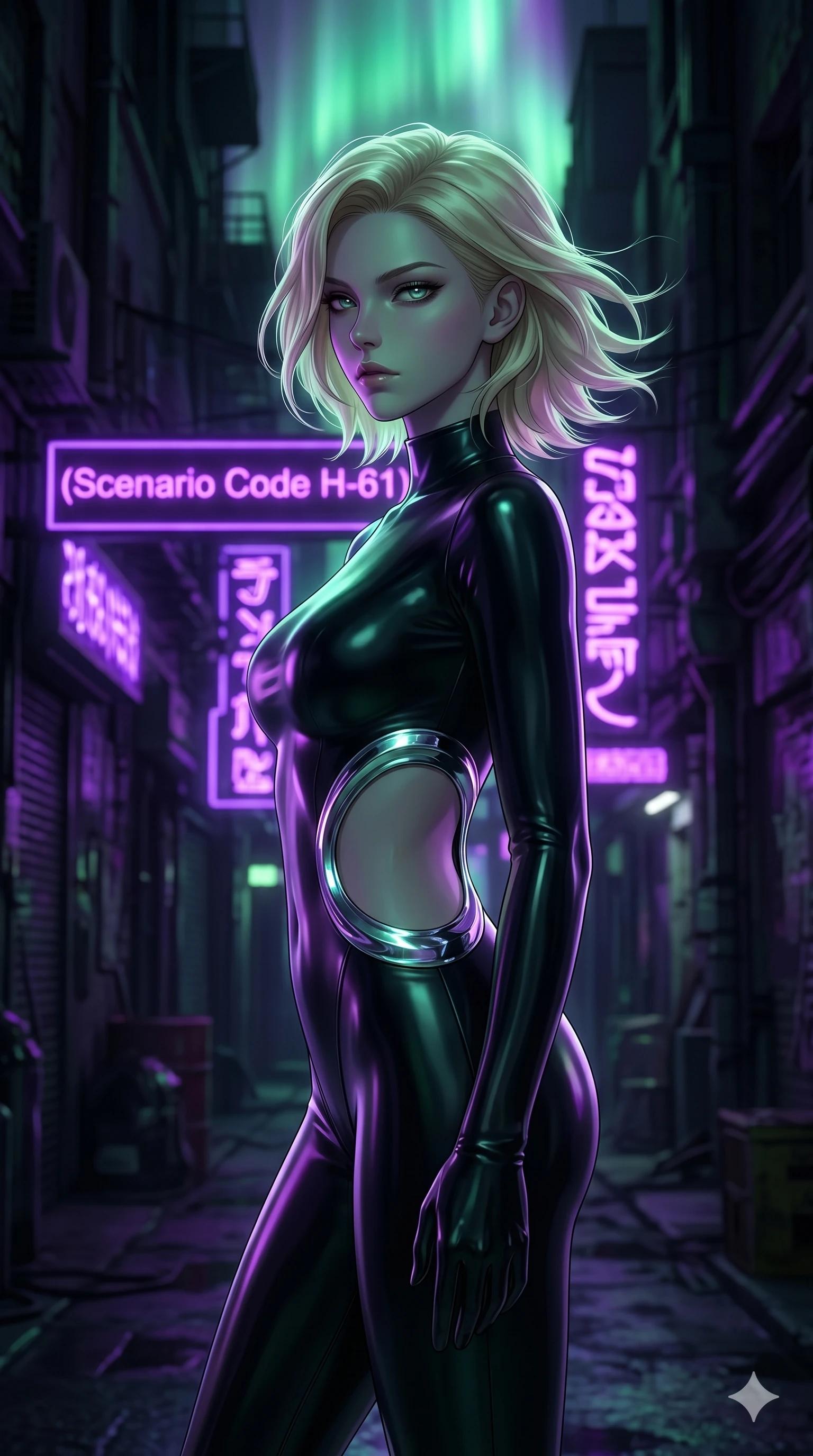 score_9, masterpiece, best quality, ultra-detailed, high-budget anime keyframe, editorial fashion photography, tasteful artistic composition, Caucasian woman, strictly human ears. cowboy shot from the thighs up, character and outfit filling the frame for maximum editorial presence. standing in a sharp profile against the light, her eyes glowing with a quiet, menacing self-assurance in a dimly-lit cyberpunk alleyway under flickering violet neon signage (Scenario Code H-61). She has an absolutely perfect 8-heads proportion, an exceptionally tall and slender female figure with impossibly long slender legs and an ultra-slim waist. V-shaped jawline, high-bridge nose, intricate jewel-like eyes with depth, thick eyelashes, glossy lips with a natural sheen. wearing a skin-tight glove-like black latex bodysuit with dramatic waist cutouts framed by sculptural chrome rings. illuminated by a shifting aurora light from above, casting cold green and violet tones. 2k, ultra detail, master piece, 9:16 ratio