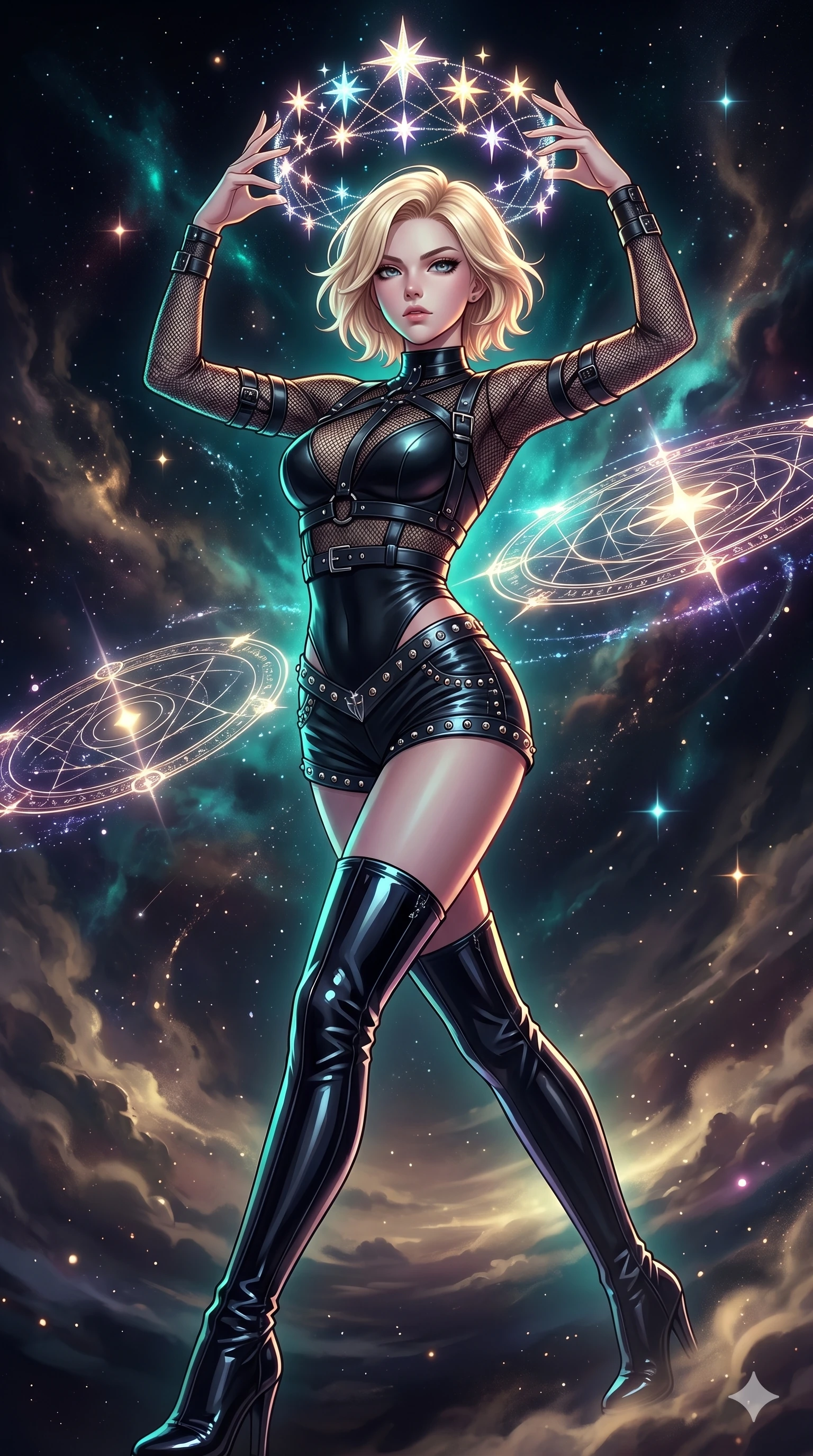 score_9, masterpiece, best quality, ultra-detailed, high-budget anime movie keyframe, cinematic anime lighting, intricate line art, Caucasian (strictly human ears) woman. Low angle cowboy shot capturing a powerful motion and statuesque presence. weaving a crown of stars that floats above her head. She has an absolutely perfect 8-heads proportion, an exceptionally tall and slender female figure with graceful and slender proportions. strictly human anatomy, two legs only, no extra limbs, clearly defined legs and arms, perfect anatomy, perfect hands and fingers. sharp v-shaped jawline, high-bridge nose, intricate jewel-like eyes, thick eyelashes, glossy lips. Wearing Dynamic performance outfit: Leather harness over mesh, sleek bodysuit, studded stylish shorts, and thigh-high patent boots. The scene is illuminated by dramatic atmospheric lighting and vibrant color palettes. , 2k, ultra detail, master piece, 9:16 ratio