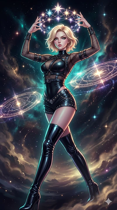 score_9, masterpiece, best quality, ultra-detailed, high-budget anime movie keyframe, cinematic anime lighting, intricate line art, Caucasian (strictly human ears) woman. Low angle cowboy shot capturing a powerful motion and statuesque presence. weav