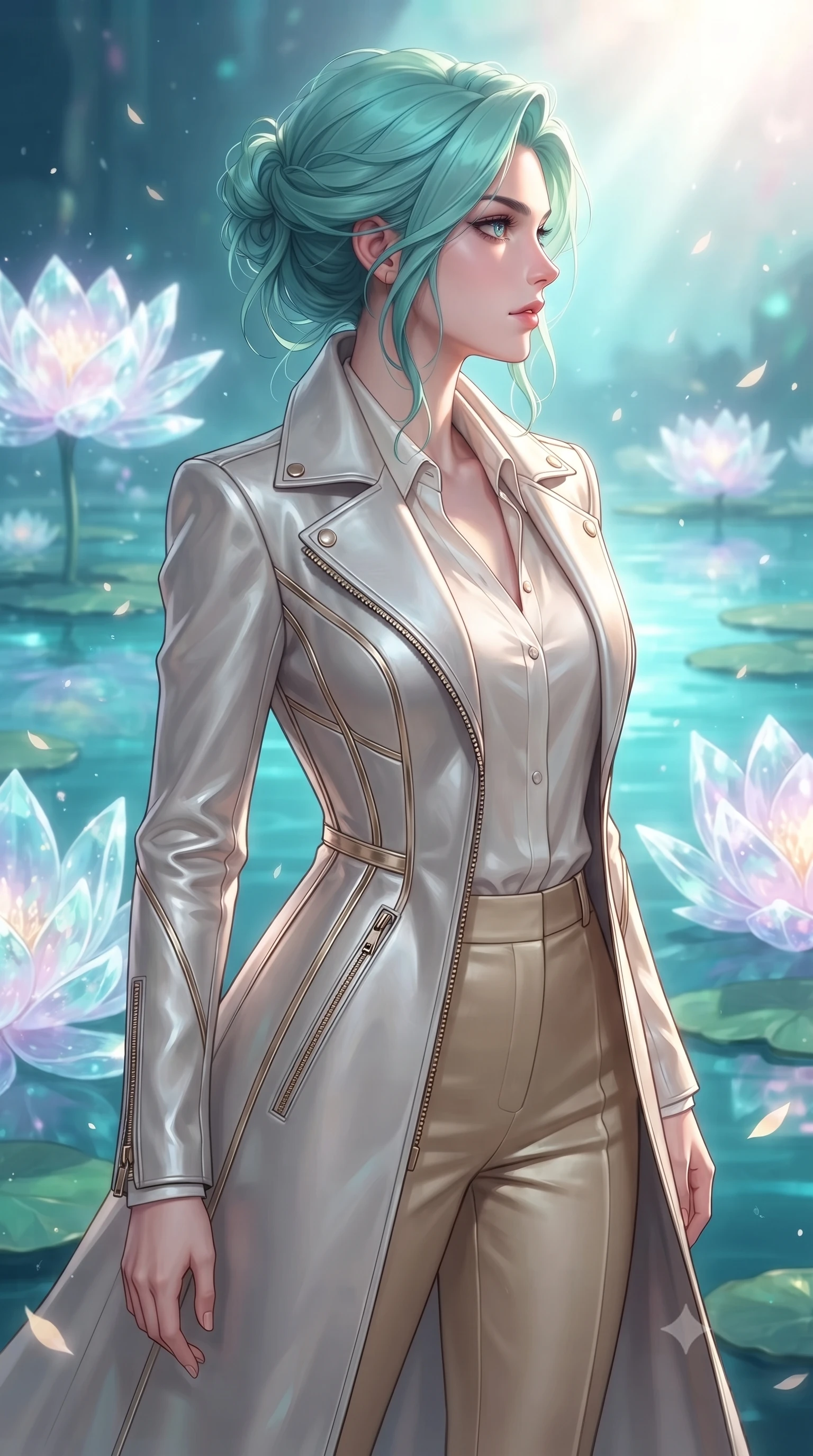 score_9, masterpiece, best quality, ultra-detailed, high-budget anime keyframe, editorial fashion photography, tasteful artistic composition, Japanese woman. close-up cowboy shot from the waist and thighs up, the character dominates the composition, filling the frame with her large presence, background elements kept in soft focus. Turning her face in sharp dramatic profile against the radiant light, standing in a tranquil water garden filled with giant glowing crystal lotus blossoms, glowing pollen dust drifting gently through the serene atmosphere. She has an exceptionally elegant, slender, and willowy female figure with an ultra-slim waist, a gracefully sculpted slender torso, and a refined silhouette. sharp v-shaped jawline, high-bridge nose, intricate jewel-like eyes with depth, thick eyelashes, glossy lips with a natural sheen. wearing structured platinum leather long coat over white silk blouse and tailored slacks in champagne gold, made of sculpted platinum chrome, finished with metallic gold boning and sleek zipper points, sculpting her athletic slender build with refined precision. bathed in serene turquoise water reflections and bright pastel highlights. highly saturated vibrant anime colors, detailed shading with soft gradients, rich glossy textures, high-contrast stereoscopic depth, volumetric dynamic lighting, master piece, 9:16 ratio