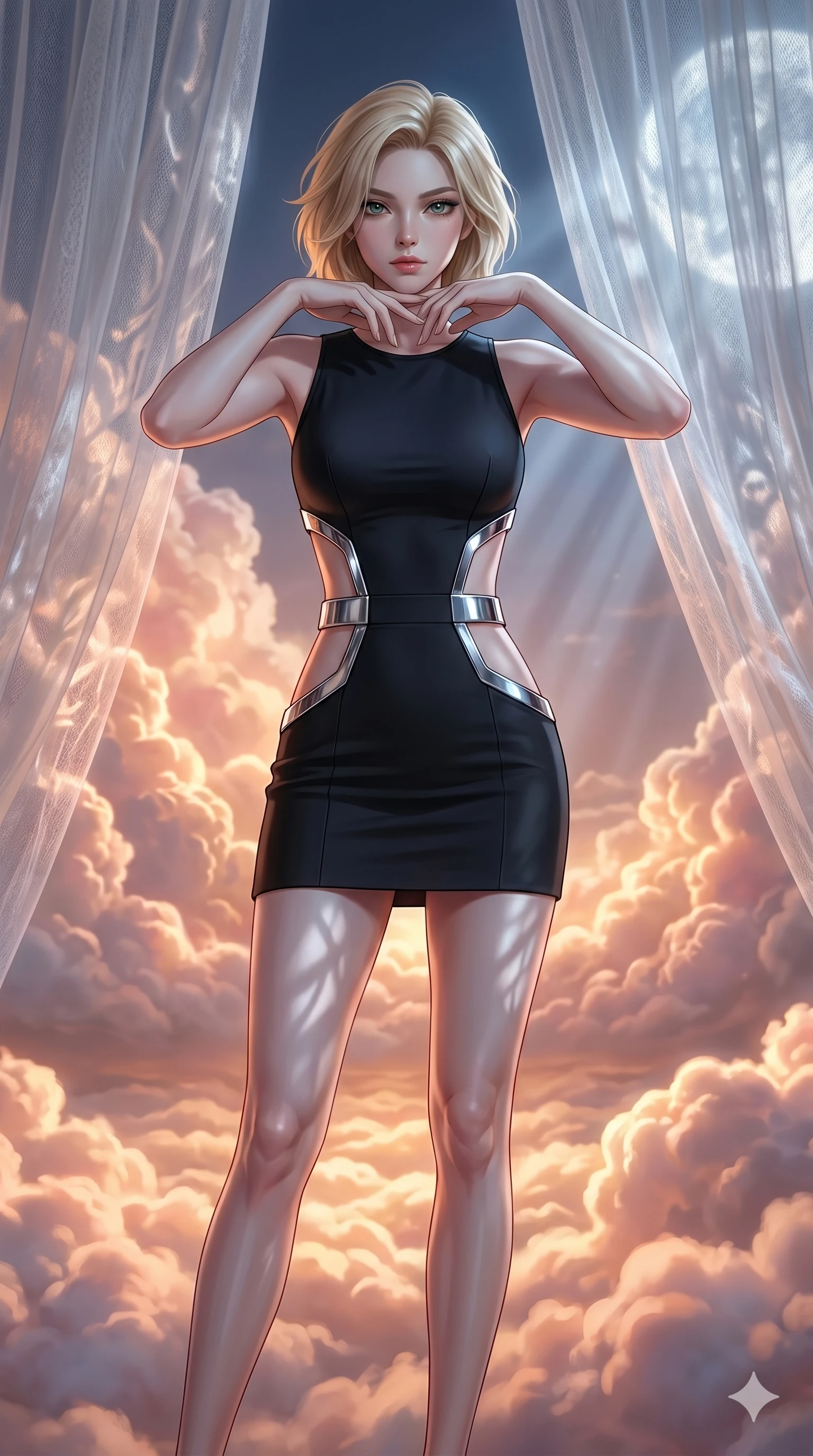 score_9, masterpiece, best quality, ultra-detailed, high-budget anime keyframe, editorial fashion photography, tasteful artistic composition, Korean woman. cowboy shot from the thighs up, character and outfit filling the frame for maximum editorial presence. Resting her chin on the backs of her fingers in a confident pose inside a luminous cloud palace where cumulus formations glow with amber and rose from within. She has an absolutely perfect 8-heads proportion, an exceptionally tall and slender female figure with impossibly long slender legs and an ultra-slim waist. V-shaped jawline, high-bridge nose, intricate jewel-like eyes with depth, thick eyelashes, glossy lips with a natural sheen. wearing a structured matte black mini dress with bold geometric cutouts revealing glimpses of the waist and side torso, framed by chrome architectural hardware against a precision-fitted base. bathed in cold silver moonlight filtered through translucent gossamer curtains casting soft shadows on her curves. 2k, ultra detail, master piece, 9:16 ratio