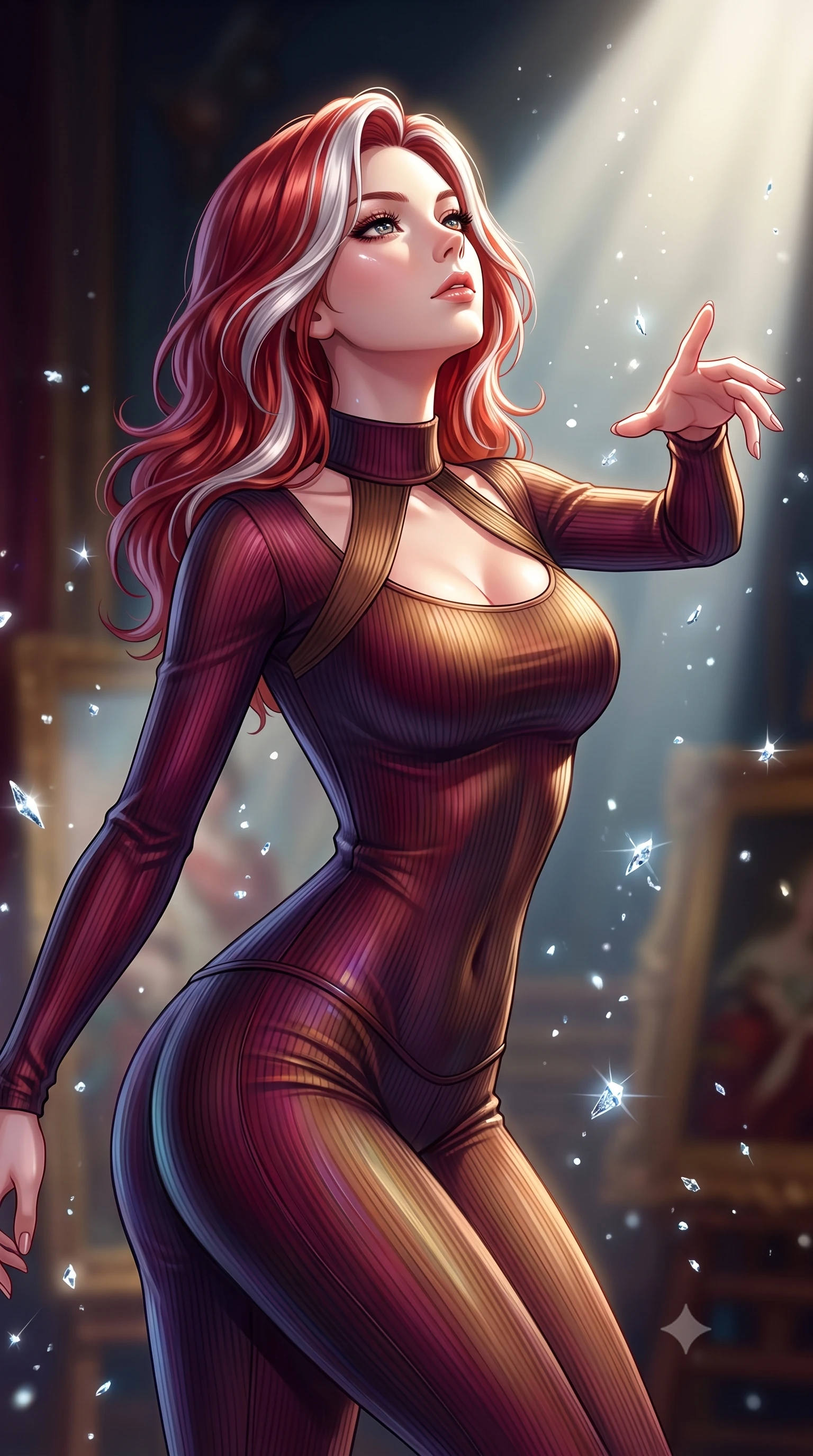 score_9, masterpiece, best quality, ultra-detailed, high-budget anime keyframe, editorial fashion photography, tasteful artistic composition, Caucasian woman. close-up cowboy shot from the waist and thighs up, the character dominates the composition, filling the frame with her large presence, background elements kept in soft focus. Tilting her chin up with an air of effortless superiority while balancing dynamically amidst the scene while reaching her hand forward toward a solitary spotlight isolating her statuesque posture, glimmering ice crystals scattering crisp silver specular highlights everywhere. She has an exceptionally elegant, slender, and willowy female figure with an ultra-slim waist, a gracefully sculpted slender torso, and a refined silhouette. sharp v-shaped jawline, high-bridge nose, intricate jewel-like eyes with depth, thick eyelashes, glossy lips with a natural sheen, flawlessly proportioned anatomical accuracy, natural body alignment, perfectly sculpted elegant limbs, clean dynamic posture without body distortion. wearing a form-fitting ribbed activewear set with elegant collar cutouts in deep burgundy and bronze, crafted from iridescent chiffon that shifts colors in the light, accented with a Tasteful chest slit framing her clavicle gracefully, the tailored fabric tightly following every curve of her athletic build. illuminated by dramatic opera key lights with ultra-bright specular highlights. highly saturated vibrant anime colors, detailed shading with soft gradients, rich glossy textures, high-contrast stereoscopic depth, volumetric dynamic lighting, master piece, 9:16 ratio