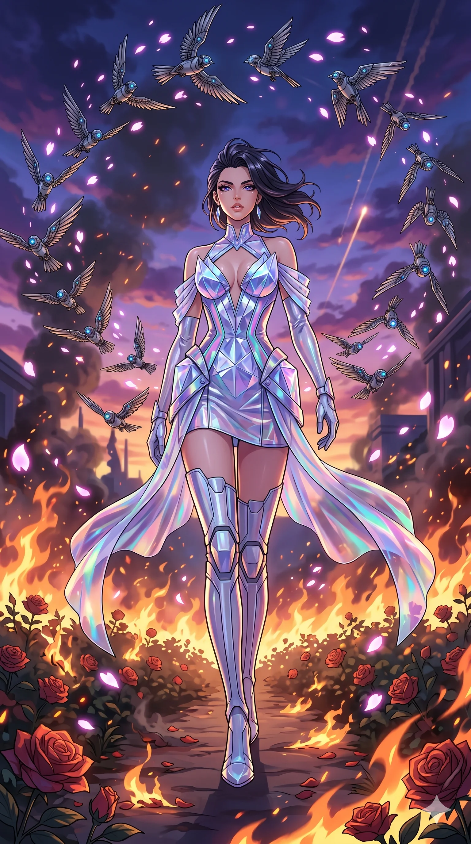 score_9, masterpiece, best quality, ultra-detailed, Set A: High-budget Anime Keyframe, Caucasian (strictly human ears) woman. Low angle cowboy shot filling the entire 9:16 frame with her statuesque presence. Standing victoriously through a burning rose garden, surrounded by a whirlwind of 32 mechanical birds and surrounded by digital sakura petals. She has an absolutely perfect 8-heads proportion, an exceptionally tall and slender female figure with impossibly long slender legs and an ultra-slim waist. Sharp v-shaped jawline, high-bridge nose, intricate jewel-like eyes with depth, thick eyelashes, glossy lips with a natural sheen. Wearing Crystalline structure mini-dress with iridescent vinyl accents and holographic chiffon drapes. Cinematic lighting, vibrant colors, dramatic shadows, 2k, ultra detail, master piece, 9:16 ratio