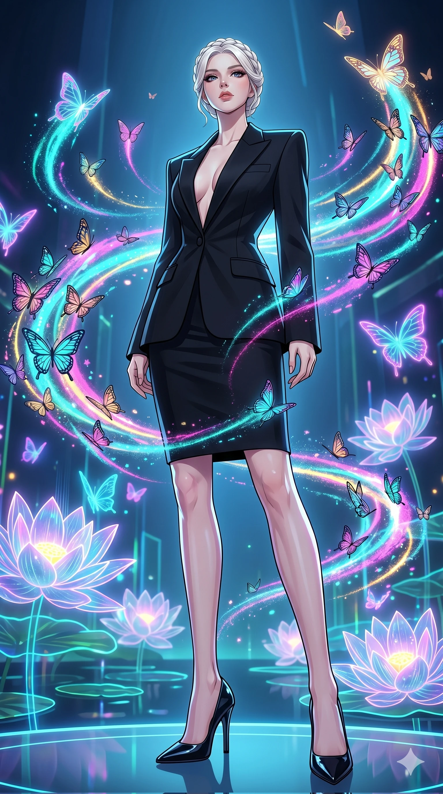 score_9, masterpiece, best quality, ultra-detailed, High-budget Anime Keyframe, vibrant colors, fluid line-art, expressive lighting, cinematic composition, Ufotable-style visual effects, top-tier animation quality, Korean woman with idol-like refined features. Low angle cowboy shot filling the entire 9:16 frame with her statuesque presence, looking up to emphasize her height. Surrounded by a swarm of digital butterflies that leave trails of neon dust. She has an absolutely perfect 8-heads proportion, an exceptionally tall and slender female figure with impossibly long slender legs and an ultra-slim waist, her statuesque height and towering silhouette dominating the vertical 9:16 frame. Her face is a masterpiece featuring a sharp v-shaped jawline, high-bridge nose, intricate jewel-like eyes with depth, thick eyelashes, and glossy lips with a natural sheen. She is wearing a Sharp-shouldered oversized blazer with nothing underneath, paired with a tight pencil skirt, deep plunging neckline, and pointed-toe heels.. The scene is set in a digital garden filled with holographic lotus flowers and neon butterflies. 2k, ultra detail, master piece, 9:16 ratio