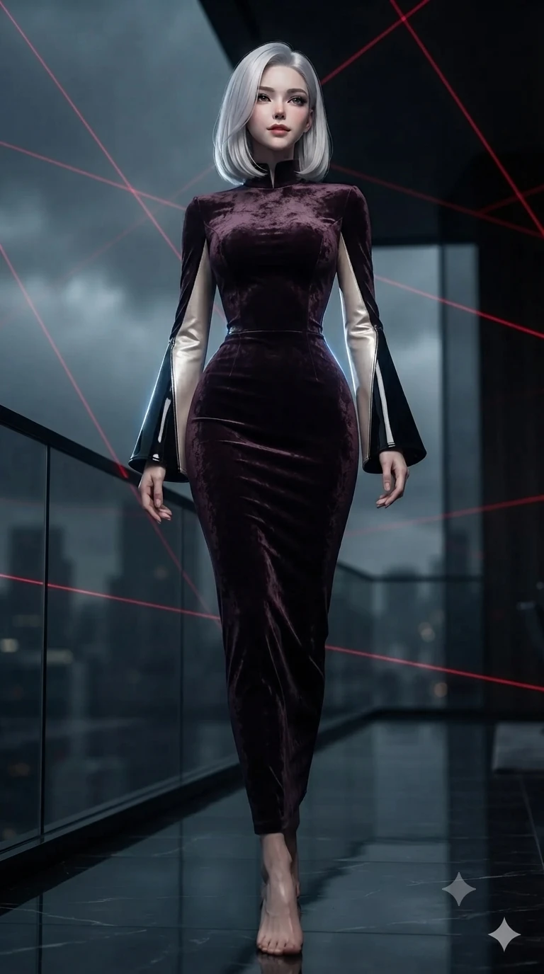 score_9, masterpiece, best quality, ultra-detailed, high-budget anime keyframe, editorial fashion photography, tasteful artistic composition, Korean woman. low angle full-body shot from head to toe showing her feet, filling the entire 9:16 vertical frame with her statuesque presence, stretching her vertical silhouette. poised on the dark reflective floor while laser grids scan the room, her statuesque silhouette commanding the frame while walking slowly along the darkened glass parapet with feline poise, her long slender legs and curvy hourglass hips commanding the metropolitan void. The background shows a soft-focus high-altitude luxury glass penthouse softened in storm-swept metropolitan shallow focus. She has an absolutely perfect, statuesque 8.5-heads proportion, an exceptionally tall and slender model-like female figure with impossibly long slender legs, an ultra-slim waist, a flat toned midriff, narrow delicate ribcage, and beautifully sculpted feminine hips creating a graceful, slim hourglass silhouette without any bulky heaviness. sharp v-shaped jawline, high-bridge nose, intricate jewel-like dark sparkling eyes with hypnotic seductive depth, thick curled eyelashes, glossy parted lips with a natural wine sheen, alluring bedroom-eyes with an enigmatic smoldering smile, exuding magnetic sovereign charisma and dark avant-garde glamour, flawlessly proportioned anatomical accuracy, strict slender model proportions, natural body alignment, perfectly sculpted long slender limbs, ultra-slim waistline, clean dynamic posture without body distortion. wearing a gothic high-collar dark plum silk evening gown with long bell sleeves in celestial champagne ivory and high-gloss jet black, tailored from crushed dark velvet with deep light-absorbing plush texture, finished with metallic silver boning and sleek zipper points, the bespoke structured tailoring following the natural line of her 8.5-heads silhouette with refined elegance. illuminated by storm-lit exterior city bounce and sharp electric-sapphire rim lights defining her razor-sharp jawline, narrow waist, and curvy hips. ultra-reflective glossy finish, specular highlights, metallic sheen, high-contrast stereoscopic depth, volumetric dynamic lighting, 2k, ultra detail, master piece, 9:16 ratio