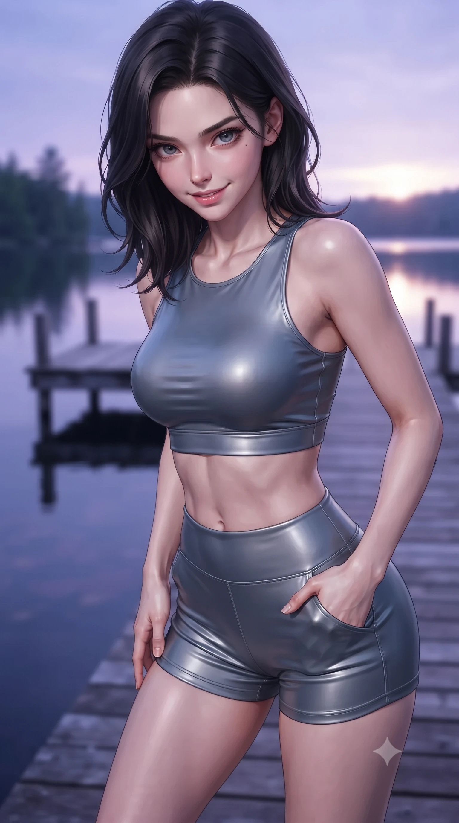 score_9, masterpiece, best quality, ultra-detailed, high-budget anime keyframe, editorial fashion photography, tasteful artistic composition, Korean woman. close-up cowboy shot from the waist and thighs up, the character dominates the composition, filling the frame with her large presence, background elements kept in soft focus. leaning slightly forward with a playful, teasing smile, her gaze locked onto the viewer the background shows a soft-focus a private lakehouse wooden pier extending over a calm forest lake. She has an exceptionally elegant, slender, and willowy female figure with an ultra-slim waist, a gracefully sculpted slender torso, and a refined silhouette. sharp v-shaped jawline, high-bridge nose, intricate jewel-like eyes with depth, thick eyelashes, glossy lips with a natural sheen. wearing a slim-fit body-hugging athletic crop top and high-waisted shorts set in slate grey. the serene purple and blue hues of twilight reflecting on the still water. ultra-reflective glossy finish, specular highlights, metallic sheen, high-contrast stereoscopic depth, volumetric dynamic lighting, 2k, ultra detail, master piece, 9:16 ratio