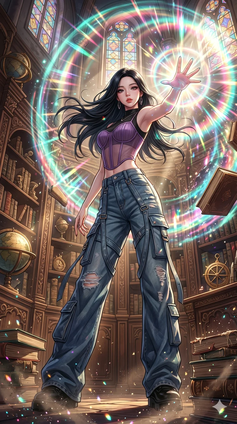score_9, masterpiece, best quality, ultra-detailed, High-budget Anime Keyframe, beautiful Korean anime girl. Low angle cowboy shot filling the entire 9:16 frame with her overwhelming presence. Casting a powerful energy spell that creates a shockwave of colorful light in an ancient sunlit library. She has an absolutely perfect 8-heads proportion, an exceptionally tall and slender female figure with impossibly long slender legs and an ultra-slim waist. Sharp v-shaped jawline, high-bridge nose, intricate jewel-like eyes with depth, thick eyelashes, glossy lips with a natural sheen. Wearing a Urban Trendsetter outfit: amethyst ribbed bodycon dress, crop top with high-waist denim, sheer corset with cargo pants. Background is a bright and colorful environment with cinematic lighting, dynamic particle effects, and high-contrast shadows. 2k, ultra detail, master piece, 9:16 ratio