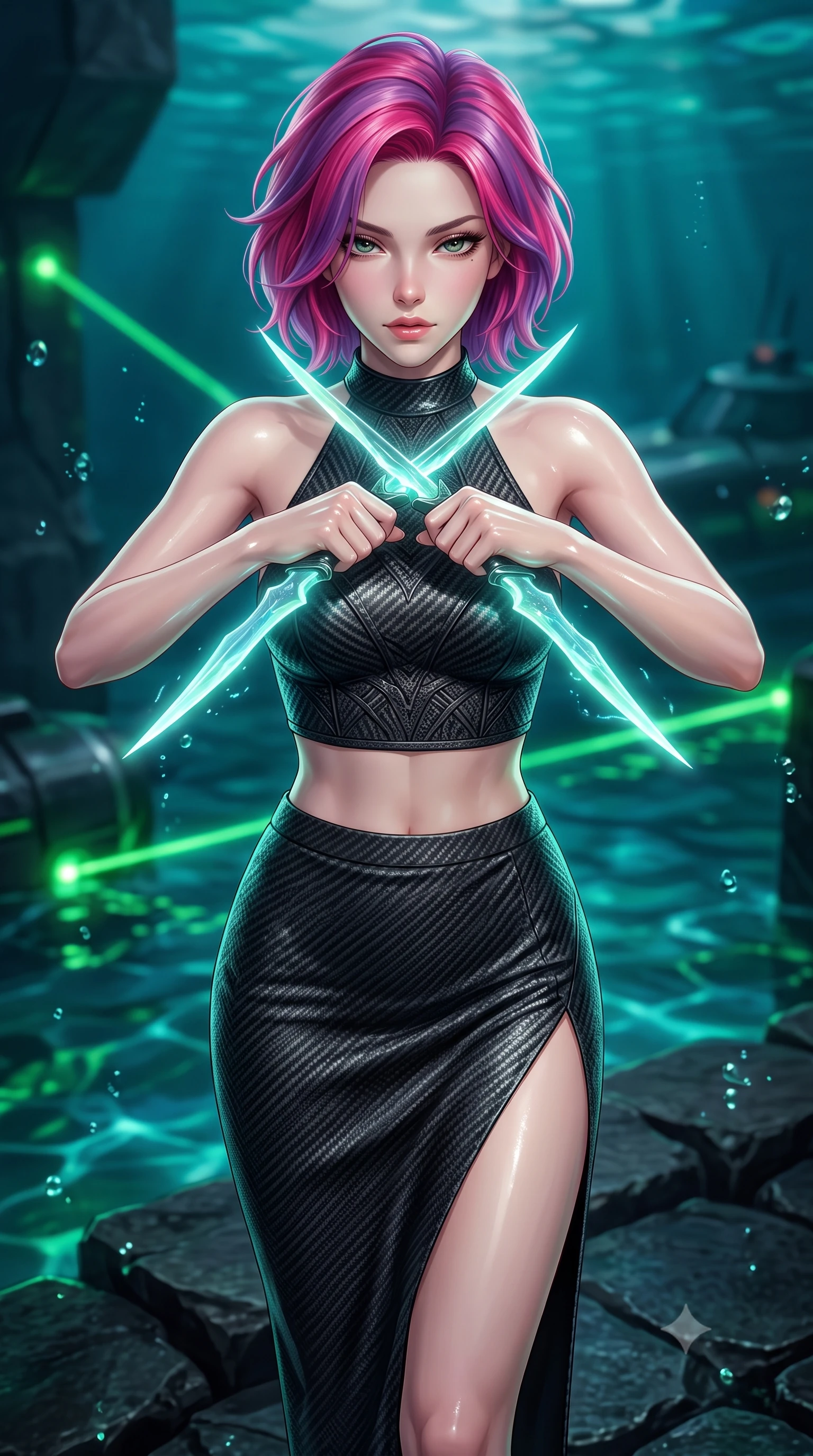 score_9, masterpiece, best quality, ultra-detailed, high-budget anime keyframe, editorial fashion photography, tasteful artistic composition, Caucasian woman. close-up cowboy shot from the waist and thighs up, the character dominates the composition, filling the frame with her large presence, background elements kept in soft focus. holding two energy daggers crossed in front of her elegant collarbone, casting a heavy-lidded, sultry look, the background shows a soft-focus an underwater dock for personal submarines made of dark basalt stone. She has an exceptionally elegant, slender, and willowy female figure with an ultra-slim waist, a gracefully sculpted slender torso, and a refined silhouette. sharp v-shaped jawline, high-bridge nose, intricate jewel-like eyes with depth, thick eyelashes, glossy lips with a natural sheen. wearing a tailored carbon-fiber halter-neck crop top paired with a matching high-slit midi skirt, revealing her slim waist. fluorescent green dock status lasers refracting through water droplets. highly saturated vibrant anime colors, detailed shading with soft gradients, rich glossy textures, high-contrast stereoscopic depth, volumetric dynamic lighting, master piece, 9:16 ratio