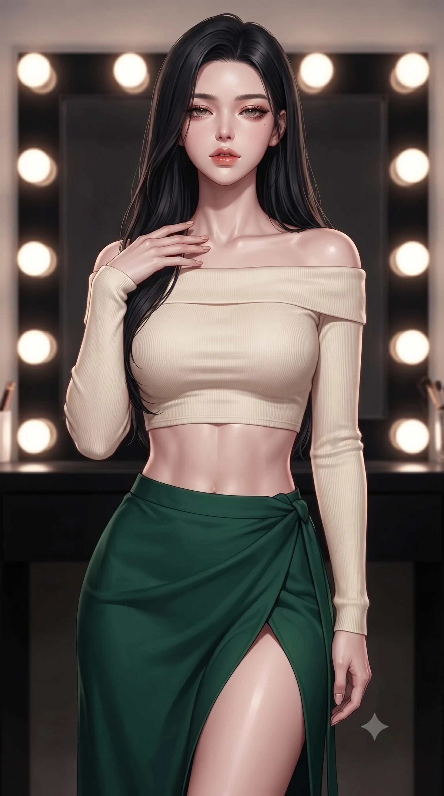 score_9, masterpiece, best quality, ultra-detailed, high-budget anime keyframe, editorial fashion photography, tasteful artistic composition, Korean woman woman. close-up cowboy shot from the waist and thighs up, the character dominates the composition, filling the frame with her large presence, background elements kept in soft focus. standing with one hand resting on her collarbone, looking at the viewer with bedroom-eyes the background shows a soft-focus a private dressing room with a vanity mirror of black glass and warm round lightbulbs. She has an exceptionally elegant, slender, and willowy female figure with an ultra-slim waist, a gracefully sculpted slender torso, and a refined silhouette. sharp v-shaped jawline, high-bridge nose, intricate jewel-like eyes with depth, thick eyelashes, glossy lips with a natural sheen. wearing a body-hugging cropped off-shoulder knit top in cream paired with a high-slit wrap skirt in emerald green. bright vanity spotlights casting clear, detailed front lighting and soft back shadow. ultra-reflective glossy finish, specular highlights, metallic sheen, high-contrast stereoscopic depth, volumetric dynamic lighting, 2k, ultra detail, master piece, 9:16 ratio