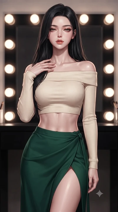 score_9, masterpiece, best quality, ultra-detailed, high-budget anime keyframe, editorial fashion photography, tasteful artistic composition, Korean woman woman. close-up cowboy shot from the waist and thighs up, the character dominates the compositi