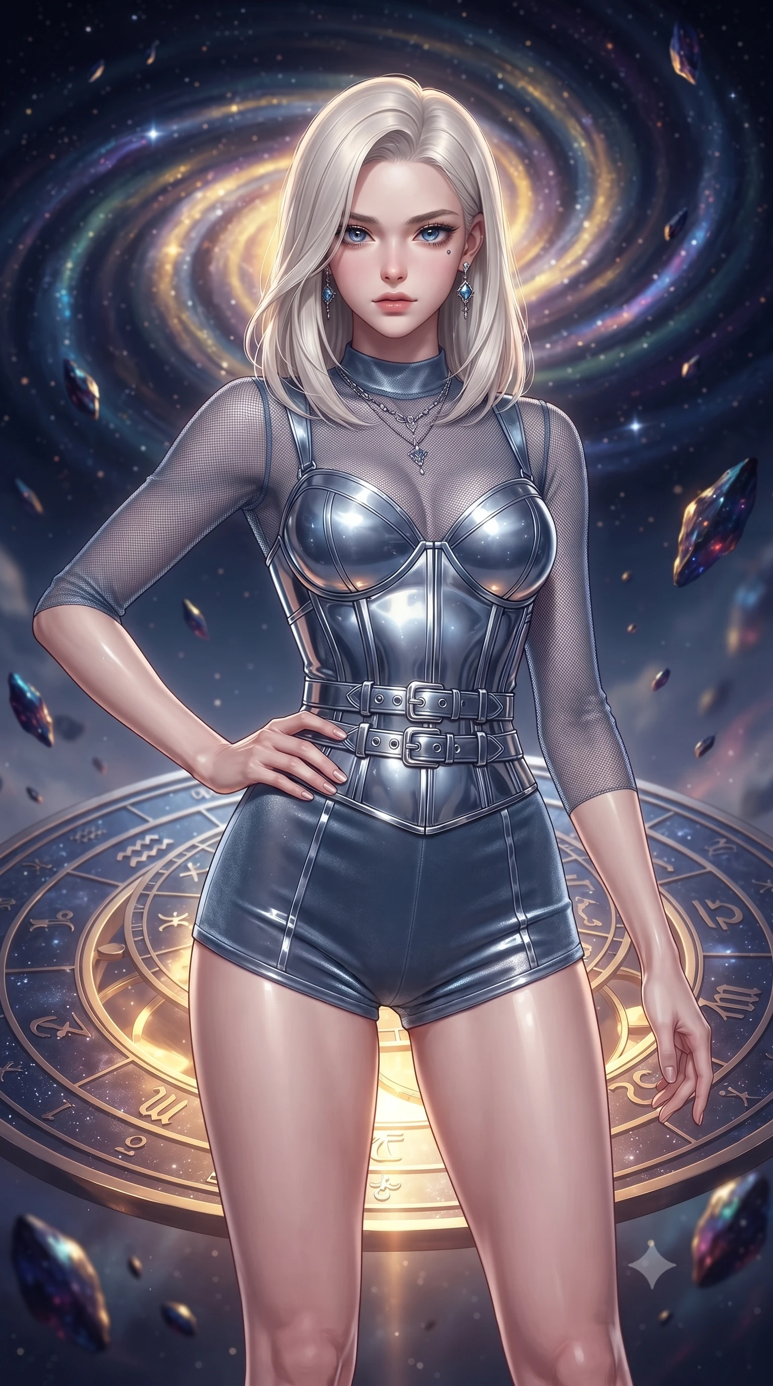 score_9, masterpiece, best quality, ultra-detailed, high-budget anime keyframe, editorial fashion photography, tasteful artistic composition, Caucasian woman. close-up cowboy shot from the waist and thighs up, the character dominates the composition, filling the frame with her large presence, background elements kept in soft focus. Holding a confident power pose with one hand on her hip, gazing directly into the camera with quiet intensity standing on a floating zodiac dial beneath a swirling spiral nebula, floating meteor shards reflecting deep navy and gold hues. She has an exceptionally elegant, slender, and willowy female figure with an ultra-slim waist, a gracefully sculpted slender torso, and a refined silhouette. sharp v-shaped jawline, high-bridge nose, intricate jewel-like eyes with depth, thick eyelashes, glossy lips with a natural sheen. wearing a chrome-plated structured bodice worn over a sheer mesh top and micro-shorts in slate blue and metallic silver, made of premium stretch velvet with a rich sheen, detailed with polished silver buckles along the waistline, the glove-like fit emphasizing her statuesque silhouette. illuminated by brilliant starlight and warm golden inner glow from the astrolabe. ultra-reflective glossy finish, specular highlights, metallic sheen, high-contrast stereoscopic depth, volumetric dynamic lighting, 2k, ultra detail, master piece, 9:16 ratio