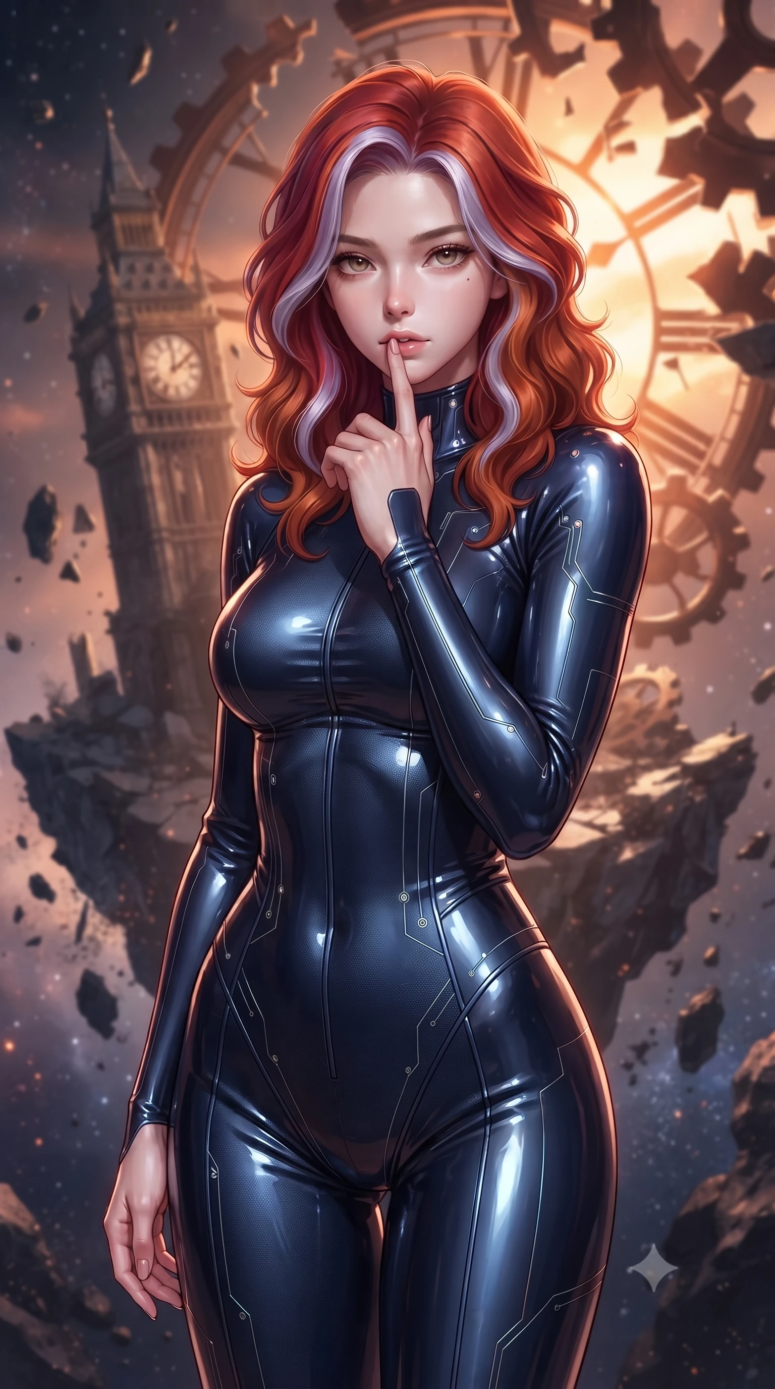 score_9, masterpiece, best quality, ultra-detailed, high-budget anime keyframe, editorial fashion photography, tasteful artistic composition, Caucasian woman. close-up cowboy shot from the waist and thighs up, the character dominates the composition, filling the frame with her large presence, background elements kept in soft focus. pressing one finger to her bottom lip in a thoughtful, composed gesture, locking eyes with the viewer, the background shows a soft-focus a ruined clocktower floating on a shattered asteroid surrounded by cosmic dust. She has an exceptionally elegant, slender, and willowy female figure with an ultra-slim waist, a gracefully sculpted slender torso, and a refined silhouette. sharp v-shaped jawline, high-bridge nose, intricate jewel-like eyes with depth, thick eyelashes, glossy lips with a natural sheen. wearing a slim-fit body-hugging deep navy nano-texturing catsuit decorated with thin, glowing cybernetic circuitry lines. warm orange sunset rays filtering through broken copper gears and clock faces. ultra-reflective glossy finish, specular highlights, metallic sheen, high-contrast stereoscopic depth, volumetric dynamic lighting, 2k, ultra detail, master piece, 9:16 ratio
