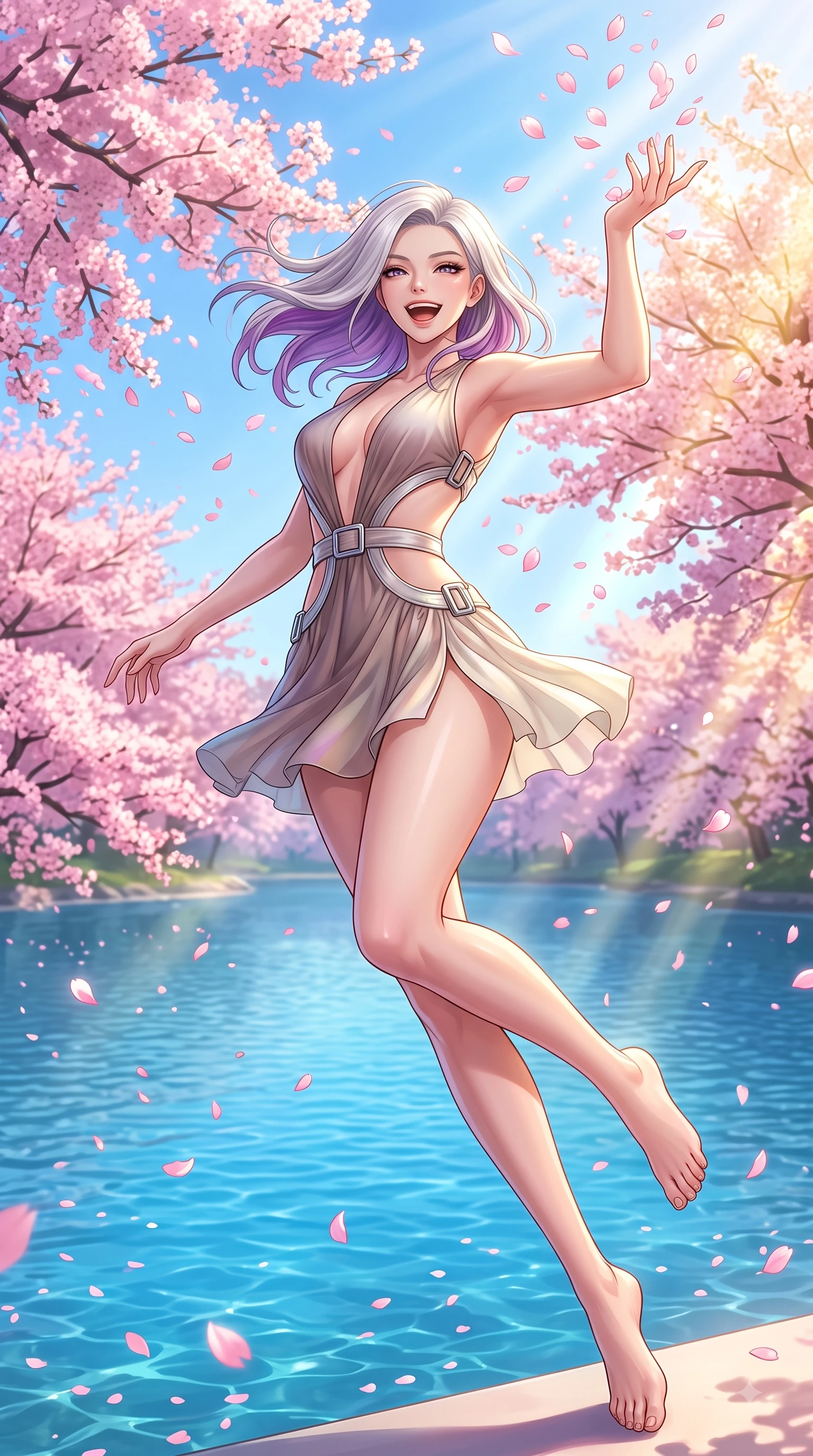 score_9, masterpiece, best quality, ultra-detailed, high-budget anime keyframe, editorial fashion photography, tasteful artistic composition, Caucasian woman. low angle full-body shot from head to toe showing her feet, filling the entire 9:16 vertical frame with her statuesque presence, stretching her vertical silhouette. pivoting dynamically in zero-gravity with a delighted laughing expression, displaying her perfect model proportions while reaching her hand up playfully to catch falling pink cherry blossom petals in a spring breeze, dense canopies of pink cherry blossoms scattering petals across the clear blue lake. She has an absolutely perfect, statuesque 8.5-heads proportion, an exceptionally tall and slender model-like female figure with impossibly long slender legs and an ultra-slim waist. sharp v-shaped jawline, high-bridge nose, intricate jewel-like eyes with depth, thick eyelashes, glossy lips with a natural sheen, flawlessly proportioned anatomical accuracy, natural body alignment, perfectly sculpted elegant limbs, clean dynamic posture without body distortion. wearing a dramatic open-waist cutout mini dress framed by sculptural hardware in muted taupe and soft ivory, crafted from iridescent chiffon that shifts colors in the light, detailed with polished silver buckles along the waistline, the form-contouring material highlighting her ultra-slim waist and long lines. bathed in bright morning sunbeams and warm golden sakura backlighting. highly saturated vibrant anime colors, detailed shading with soft gradients, rich glossy textures, high-contrast stereoscopic depth, volumetric dynamic lighting, master piece, 9:16 ratio