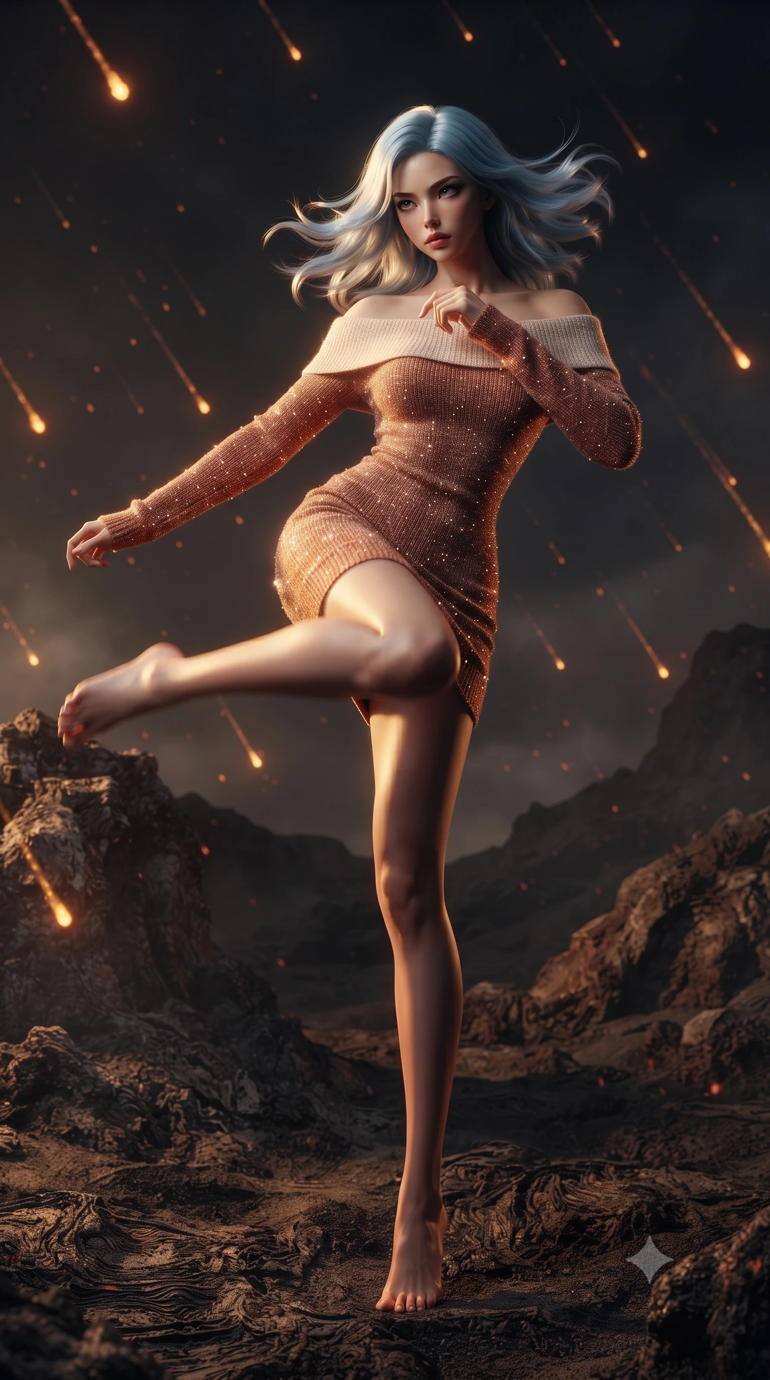 score_9, masterpiece, best quality, ultra-detailed, high-budget anime keyframe, editorial fashion photography, tasteful artistic composition, realistic cosplay photography, Korean woman. low angle full-body shot from head to toe showing her feet, filling the entire 9:16 vertical frame with her statuesque presence, stretching her vertical silhouette. spinning mid-air with intense momentum to deliver a decisive strike within a dark volcanic ash field, with glowing volcanic embers raining down like a slow-motion meteor shower. She has a statuesque 8.5-heads proportion, an exceptionally tall, slender and willowy model-like build with impossibly long legs and a highly sculpted ultra-slim waist. sharp v-shaped jawline, high-bridge nose, intricate jewel-like eyes with depth, thick eyelashes, glossy lips with a natural sheen. wearing catching and diffusing the glowing particles, shimmering softly in response to the surrounding light, a slim-fit off-shoulder fitted sweater dress in a two-tone weave of terracotta and cream wool, conforming to her slender willowy silhouette. dramatic chiaroscuro with a single golden key light sculpting her silhouette. ultra-reflective glossy finish, specular highlights, metallic sheen, high-contrast stereoscopic depth, volumetric dynamic lighting, 2k, ultra detail, master piece, 9:16 ratio
