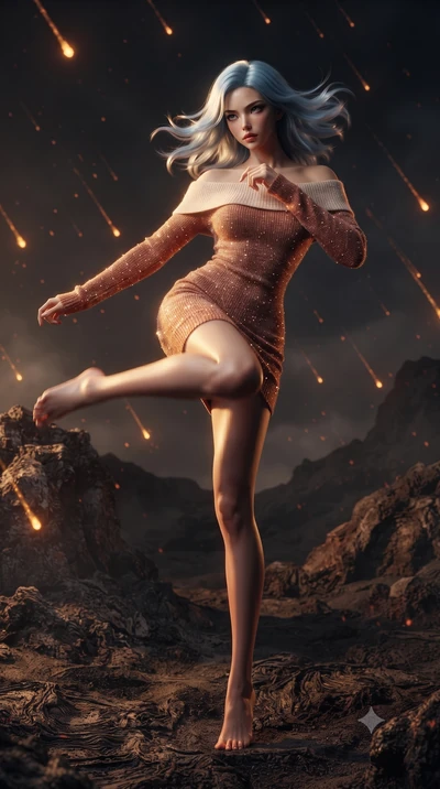 score_9, masterpiece, best quality, ultra-detailed, high-budget anime keyframe, editorial fashion photography, tasteful artistic composition, realistic cosplay photography, Korean woman. low angle full-body shot from head to toe showing her feet, fil