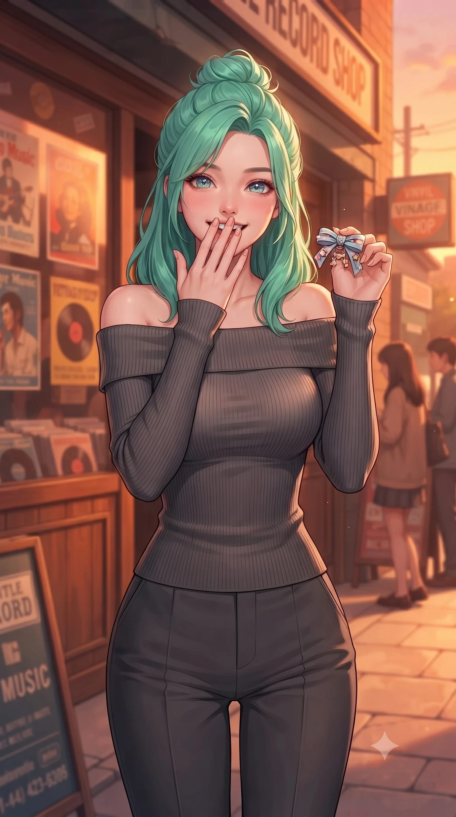 score_9, masterpiece, best quality, ultra-detailed, high-budget anime keyframe, editorial fashion photography, tasteful artistic composition, Japanese woman. close-up cowboy shot from the waist and thighs up, the character dominates the composition, filling the frame with her large presence, background elements kept in soft focus. giggling cutely behind her hand, her eyes sparkling with joy and bright energy set against a soft-focus background of in front of a vintage vinyl record shop with retro music posters in the window holding a cute handmade ribbon hair clip, looking at the camera. She has an exceptionally elegant, slender, and willowy female figure with an ultra-slim waist, a gracefully sculpted slender torso, and a refined silhouette. sharp v-shaped jawline, high-bridge nose, intricate jewel-like eyes with depth, thick eyelashes, glossy lips with a natural sheen. wearing slim-fit body-hugging off-shoulder knit top in charcoal, paired with tailored slim pants. cozy golden hour sunset light painting the wooden shopfronts in orange. highly saturated vibrant anime colors, detailed shading with soft gradients, rich glossy textures, high-contrast stereoscopic depth, volumetric dynamic lighting, master piece, 9:16 ratio
