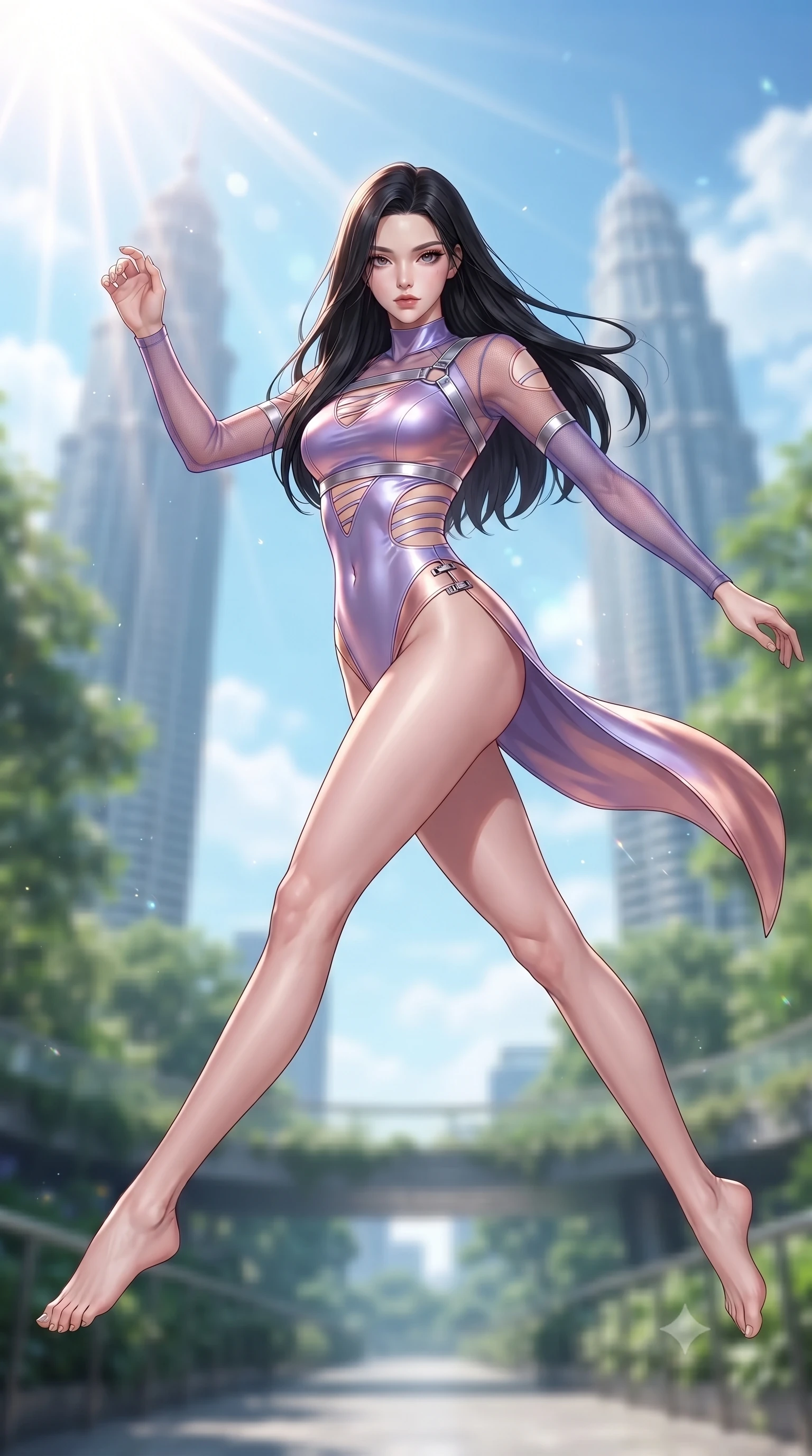 score_9, masterpiece, best quality, ultra-detailed, high-budget anime keyframe, editorial fashion photography, tasteful artistic composition, Korean woman. low angle full-body shot from head to toe showing her feet, filling the entire 9:16 vertical frame with her statuesque presence, stretching her vertical silhouette. performing an alluring mid-air vault with flawless poise, looking directly into the camera with smoldering intensity while stepping along a verdant sky-garden walkway suspended between twin gleaming architectural towers. The composition keeps background elements in soft focus with creamy bokeh. brilliant high-altitude sunrays scattering radiant light across a dreamy blue backdrop. She has an absolutely perfect, statuesque 8.5-heads proportion, an exceptionally tall and slender model-like female figure with impossibly long slender legs, a toned flat midriff, and an ultra-slim waist. sharp v-shaped jawline, high-bridge nose, intricate jewel-like eyes with depth, thick eyelashes, glossy lips with a natural sheen, flawlessly proportioned anatomical accuracy, strict slender model proportions, natural body alignment, perfectly sculpted long slender limbs, ultra-slim waistline, clean dynamic posture without body distortion. wearing an ultra-sleek high-cut tech-bodysuit featuring dangerous diagonal slitted cutouts on the midriff and shoulders, reinforced by a metallic silver harness and sheer mesh sleeves in luminous lavender violet and rose gold, made of liquid metal jersey that clings flawlessly to every contour of her build, finished with an ultra-high side slit secured by miniature magnetic clasps, the glove-like aerodynamic second-skin fit tightly clinging to her ultra-slender waist and athletic curves without adding bulk, accentuating her razor-sharp statuesque lines and slim hourglass silhouette. illuminated by crisp specular highlights tracing her sculpted collarbones and waistline. ultra-reflective glossy finish, specular highlights, metallic sheen, high-contrast stereoscopic depth, volumetric dynamic lighting, 2k, ultra detail, master piece, 9:16 ratio