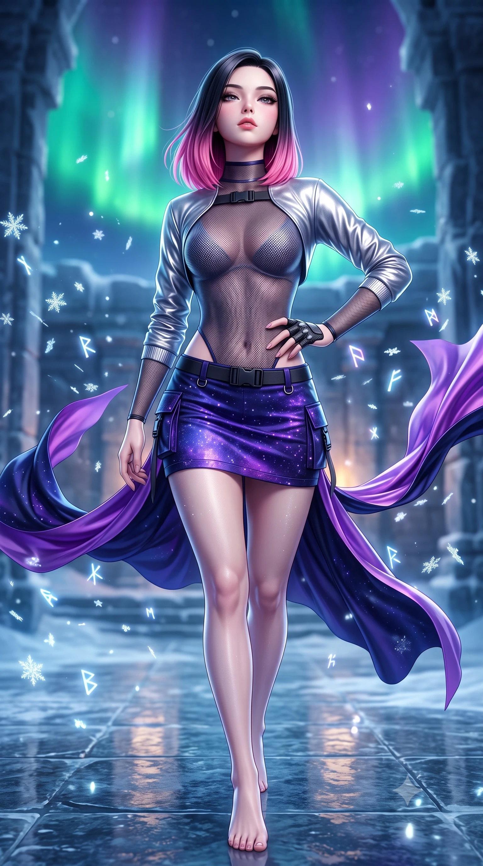 score_9, masterpiece, best quality, ultra-detailed, high-budget anime keyframe, semi-realistic 3D game render, editorial fashion photography, tasteful artistic composition, Korean woman. close-up cowboy shot from the waist and thighs up, the character dominates the composition, filling the frame with her large presence. tilting her chin up with proud, sovereign allure while gazing through thick eyelashes, one hand resting on her waist in pure supermodel charisma while striding across the reflective frozen stone temple floor, hips swaying in an alluring rhythm as gale-force winds whip her silk drapery. The composition keeps background elements in soft focus with creamy bokeh. drifting frost crystal flakes and holographic rune glyphs scattering radiant celestial light motes. She has an exceptionally elegant, slender, and willowy female figure with an ultra-slim waist, a gracefully sculpted slender torso, toned flat midriff, and rounded feminine hips creating an alluring hourglass silhouette. sharp v-shaped jawline, high-bridge nose, intricate jewel-like eyes with depth, thick eyelashes, glossy parted lips with a natural sheen, intensely captivating and seductive bedroom-eyes expression, flawlessly proportioned anatomical accuracy, strict slender model proportions, natural body alignment, perfectly sculpted long slender limbs, ultra-slim waistline, clean dynamic posture without body distortion. wearing a futuristic sheer mesh bodysuit layered under a metallic silver shrug bolero and micro cargo skirt in deep midnight navy and glowing violet starlight, made of breathable technical athletic mesh and liquid-finish track nylon, finished with discreet carbon fiber knuckle guards and matte black buckles, the second-skin form-contouring cut accentuating her sculpted flat midriff, narrow waistline, and dramatically curvy hips without adding bulk. bathed in vibrant emerald and violet aurora backlighting from the polar sky. highly saturated vibrant anime colors, detailed shading with soft gradients, rich glossy textures, high-contrast stereoscopic depth, volumetric dynamic lighting, master piece, 9:16 ratio