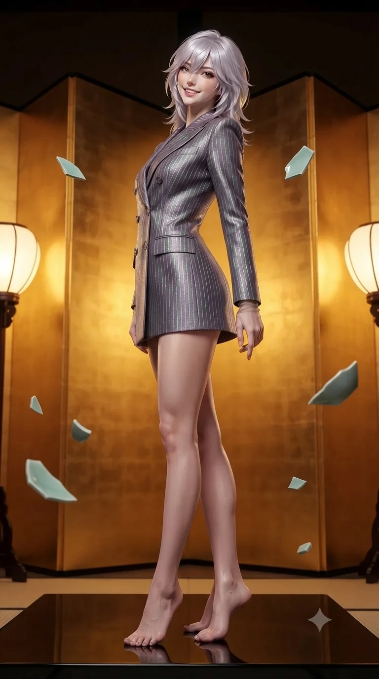 score_9, masterpiece, best quality, ultra-detailed, high-budget anime keyframe, editorial fashion photography, tasteful artistic composition, Japanese woman. low angle full-body shot from head to toe showing her feet, filling the entire 9:16 vertical frame with her statuesque presence, stretching her vertical silhouette. walking along the terrace with poise, looking back over her bare shoulder with an irresistible smoldering bedroom-gaze while standing poised on the black mirror-lacquer dais before towering gold-leaf screens, arching her spine with ethereal siren poise as levitating celadon ceramic shards hover in mid-air. The surrounding environment is rendered in vivid detail and crisp panoramic clarity: detailed dress tailoring, delicate metallic trim, and ancient imperial craftsmanship in high resolution. She has an exceptionally tall and slender model-like 8.5-heads proportion, an ultra-slim waist, a flat toned midriff, narrow delicate ribcage, and beautifully sculpted feminine hips creating a graceful, slim hourglass silhouette without any bulky heaviness, with impossibly long slender legs. sharp v-shaped jawline, high-bridge nose, intricate jewel-like sparkling eyes with depth, thick eyelashes, glossy parted lips with a natural peach sheen, bright cheerful beaming smile with an enchanting and coquettish sensual glint, exuding both youthful cute charm and seductive allure, flawlessly proportioned anatomical accuracy, strict slender model proportions, natural body alignment, perfectly sculpted long slender limbs, ultra-slim waistline, clean dynamic posture without body distortion. wearing a tailored double-breasted blazer dress with subtle metallic pin-stripes and structured lapels in phosphorescent ultraviolet amethyst and mint green, crafted from bespoke double-faced cashmere with an exceptionally soft tactile finish, complemented by sheer opera-length evening gloves tracing her slender arms, the bespoke structured tailoring following the natural line of her 8.5-heads silhouette with refined elegance. bathed in the warm radiant 2400K glow of concealed paper lanterns reflecting off polished gold leaf. ultra-reflective glossy finish, specular highlights, rich textural contrasts, high-contrast stereoscopic depth, volumetric dynamic lighting, 2k, ultra detail, master piece, 9:16 ratio