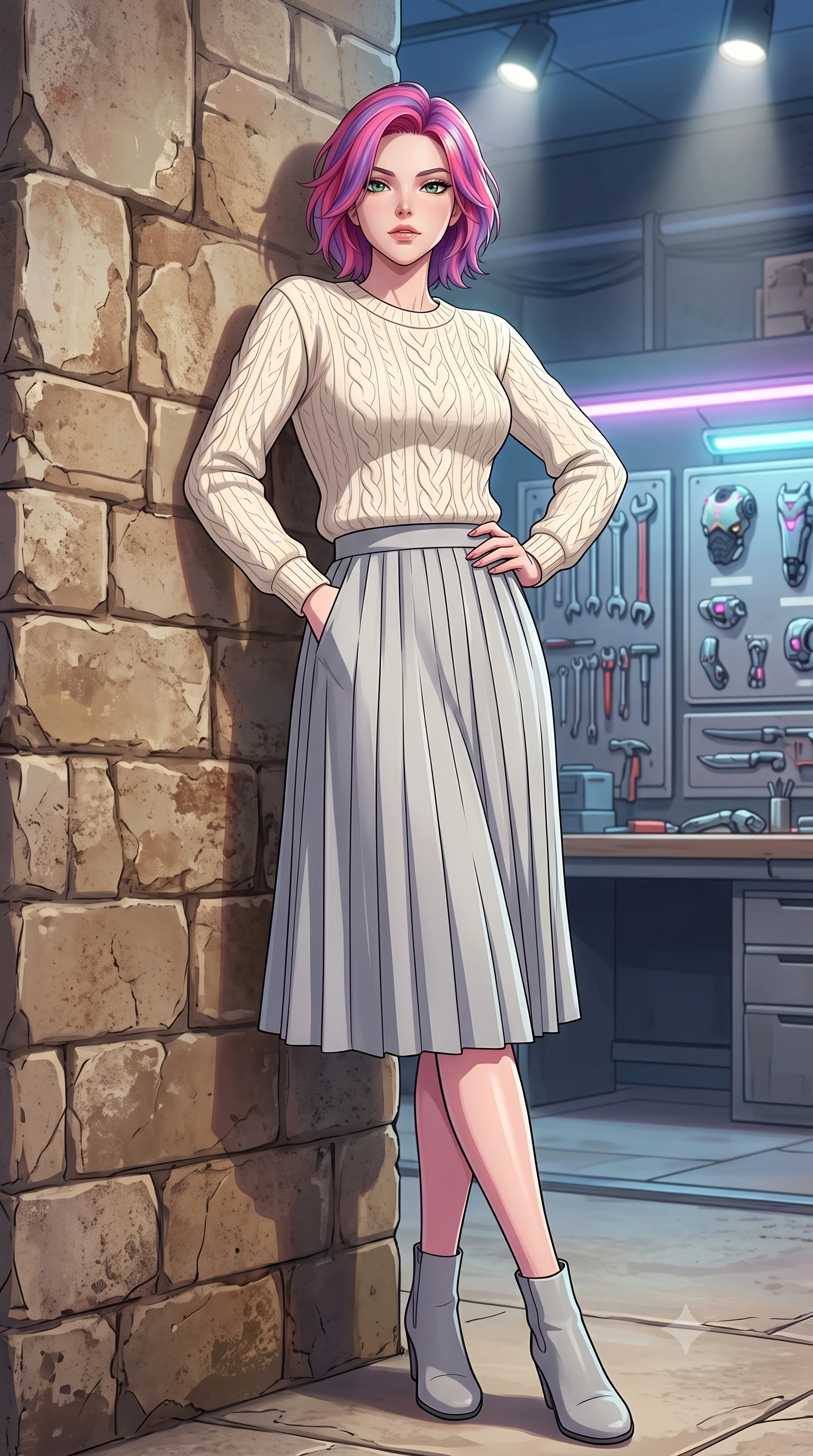 score_9, masterpiece, best quality, ultra-detailed, high-budget anime keyframe, tasteful artistic composition, Caucasian woman. low angle full-body shot from head to toe showing her feet, filling the entire 9:16 vertical frame with her statuesque presence, stretching her vertical silhouette. leaning back against a rustic stone wall, casting a slow, alluring gaze at the camera the background shows a soft-focus a futuristic workshop with tool racks, cyber-wear parts, and a neon workbench. She has an absolutely perfect, statuesque 8.5-heads proportion, an exceptionally tall and slender model-like female figure with impossibly long slender legs and an ultra-slim waist. sharp v-shaped jawline, high-bridge nose, intricate jewel-like eyes with depth, thick eyelashes, glossy lips with a natural sheen. wearing a tailored cozy cable-knit sweater in ivory, paired with a pleated light grey midi skirt. bright workbench spotlights casting clear, detailed front lighting and soft back shadow. highly saturated vibrant anime colors, cel-shading, 2d style, master piece, 9:16 ratio