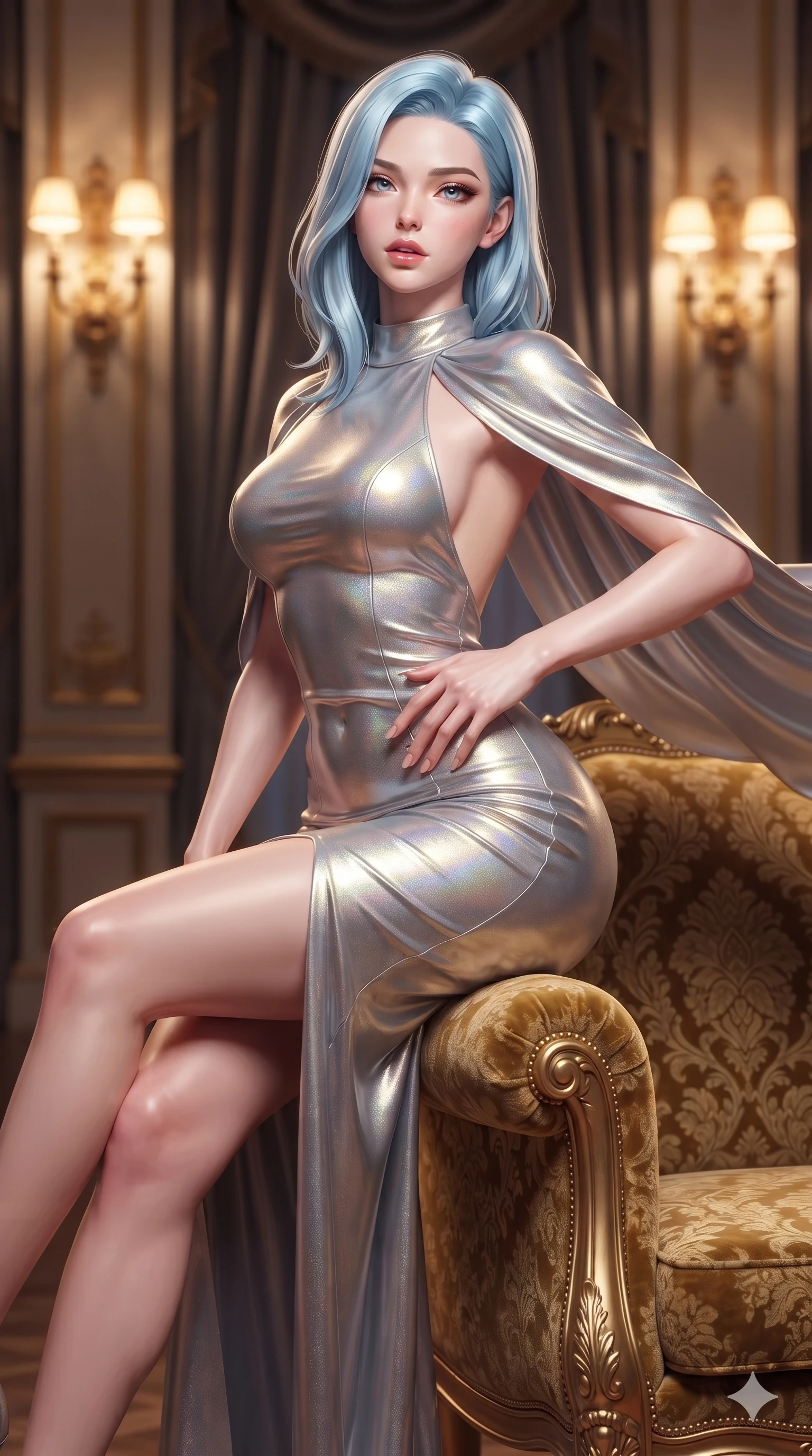 score_9, masterpiece, best quality, ultra-detailed, high-budget anime keyframe, semi-realistic 3D game render, editorial fashion photography, tasteful artistic composition, Korean woman. close-up cowboy shot from the waist and thighs up, the character dominates the composition, filling the frame with her large presence. resting one manicured hand delicately on her hip bone, her upper body turning in a fluid, seductive S-curve while parted lips glisten in the light while sitting perched on the arm of the gilded velvet armchair with legs crossed, arching her spine with supermodel poise under opulent wall sconces. The composition keeps background elements in soft focus with creamy bokeh: velvet-draped royal box ambience softened in private opera loge shallow focus. She has an exceptionally elegant, slender, and willowy female figure with an ultra-slim waist, flat toned midriff, narrow ribcage, and sculpted feminine hips creating an alluring, slim hourglass silhouette without bulk. sharp v-shaped jawline, high-bridge nose, intricate jewel-like eyes with depth, thick eyelashes, glossy parted lips with a natural sheen, intensely captivating and seductive bedroom-eyes expression, flawlessly proportioned anatomical accuracy, strict slender model proportions, natural body alignment, perfectly sculpted long slender limbs, ultra-slim waistline, clean dynamic posture without body distortion. wearing an elegant backless metallic lamé evening gown with a high jewel neckline and flowing silk capelet in iridescent mother-of-pearl and liquid molten silver, crafted from bespoke double-faced cashmere with an exceptionally soft tactile finish, finished with sleek magnetic buckle closures fluttering in the breeze, the liquid-tight tailored fabric clinging flawlessly to her narrow waist and rounded feminine hips, emphasizing every millimeter of her sculpted slim hourglass curves without any bulky heaviness. bathed in warm 2500K golden wall sconce radiance contrasted with dramatic auditorium ambient glow. highly saturated vibrant anime colors, detailed shading with soft gradients, rich glossy textures, high-contrast stereoscopic depth, volumetric dynamic lighting, master piece, 9:16 ratio