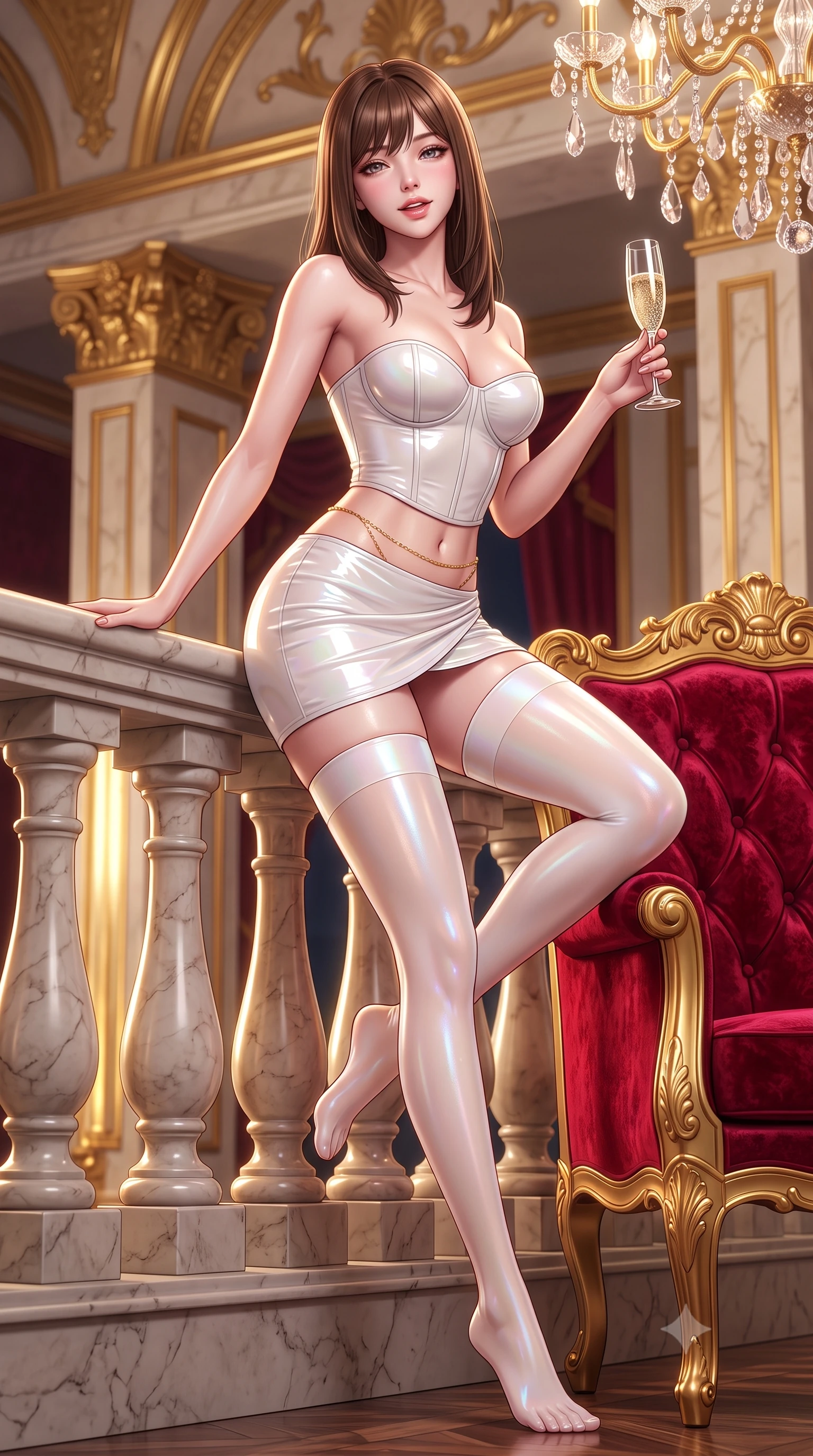 score_9, masterpiece, best quality, ultra-detailed, high-budget anime keyframe, semi-realistic 3D game render, editorial fashion photography, tasteful artistic composition, Korean woman. low angle full-body shot from head to toe showing her feet, filling the entire 9:16 vertical frame with her statuesque presence, stretching her vertical silhouette. leaning deep against the balcony balustrade with hips cocked back in an unapologetically alluring high-fashion stance, casting an intoxicating glance while sitting gracefully on the antique gilded armchair with legs crossed, holding a crystal champagne flute with an enchanting, parted-lip smile. The surrounding environment is rendered in vivid detail and crisp panoramic clarity: sharp crushed crimson velvet pile, 24-karat gold leaf scrollwork, and cut-crystal chandelier facets in deep focus. She has an absolutely perfect, statuesque 8.5-heads proportion, an exceptionally tall and slender model-like female figure with impossibly long slender legs, an ultra-slim waist, a flat toned midriff, narrow delicate ribcage, and beautifully sculpted feminine hips creating a graceful, slim hourglass silhouette without any bulky heaviness. sharp v-shaped jawline, high-bridge nose, sparkling eyes with hypnotic seductive depth, thick curled eyelashes, glossy parted lips with a natural dewy peach sheen, alluring bedroom-eyes with an enchanting coquettish smile, exuding magnetic siren charisma and sophisticated glamour, flawlessly proportioned anatomical accuracy, strict slender model proportions, natural body alignment, perfectly sculpted long slender limbs, ultra-slim waistline, clean dynamic posture without body distortion. wearing a structured boned leatherette corset bodice paired with an ultra-short micro-wrap mini skirt and sheer thigh-high stockings in pure alabaster with iridescent mother-of-pearl sheen, crafted from wet-look high-gloss vinyl fabric with dazzling specular surface reflections, accented with a dainty gold belly chain resting across her flat midriff and curving hips, the form-contouring silhouette accentuating her sculpted flat midriff, narrow delicate ribcage, and gracefully curvy hips with intoxicating allure. illuminated by gilded railing reflection bounce and sharp royal-gold rim lights sculpting her razor-sharp jawline, narrow waist, and curvy hips. highly saturated vibrant anime colors, detailed shading with soft gradients, rich glossy textures, high-contrast stereoscopic depth, volumetric dynamic lighting, master piece, 9:16 ratio