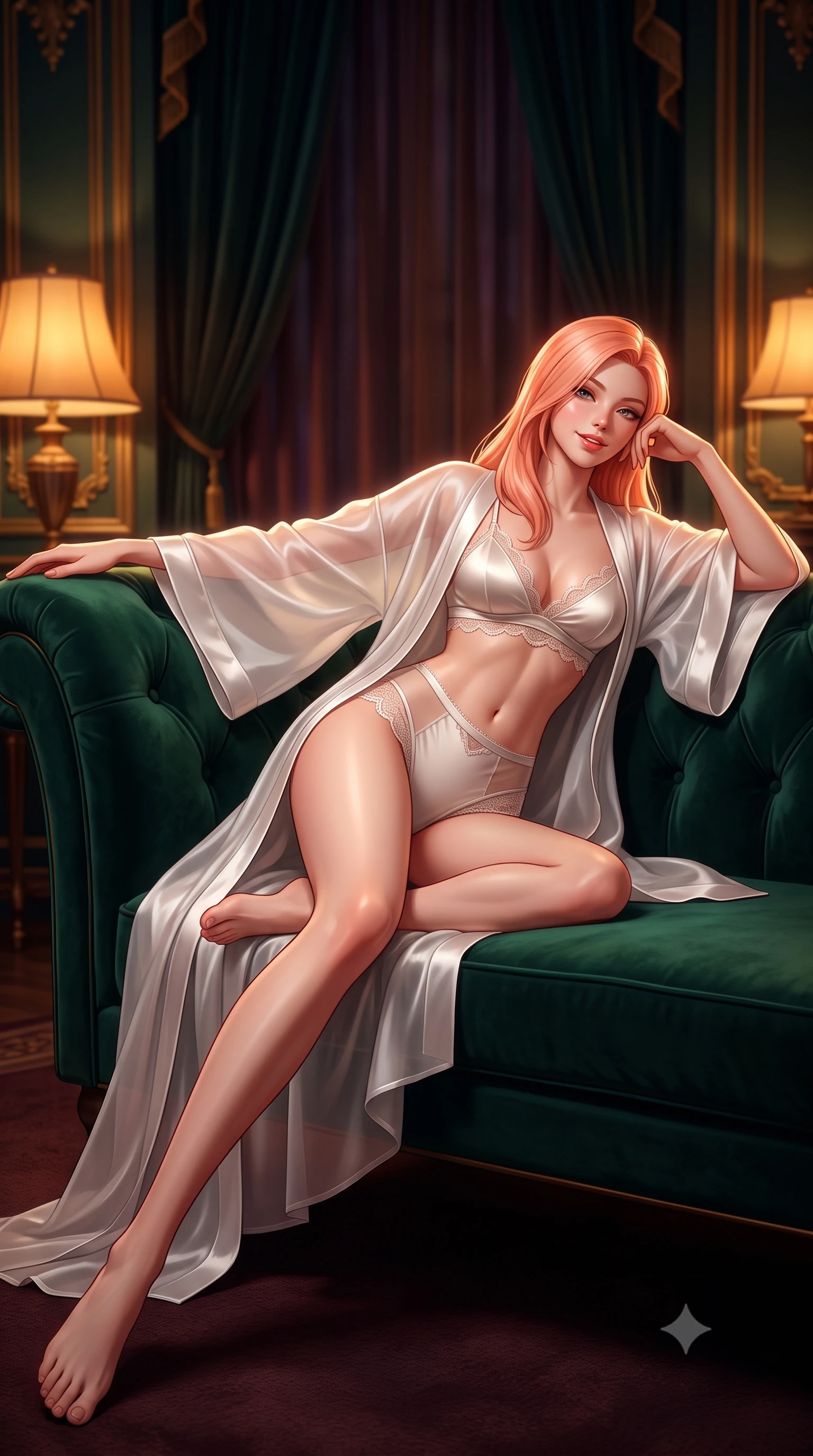 score_9, masterpiece, best quality, ultra-detailed, high-budget anime keyframe, semi-realistic 3D game render, editorial fashion photography, tasteful artistic composition, Japanese woman. low angle full-body shot from head to toe showing her feet, filling the entire 9:16 vertical frame with her statuesque presence, stretching her vertical silhouette. reclining gracefully across the plush velvet chaise lounge with one leg extended, her sculpted silhouette and flat midriff radiating magnetic nocturnal glamour while reclining on the plush velvet lounge chair with one arm draped over the backrest, flashing a playful, coquettish smile with glossy parted lips. The background shows a soft-focus heavy velvet drapery and art deco gilded moldings softened in exclusive private club shallow focus. She has an absolutely perfect, statuesque 8.5-heads proportion, an exceptionally tall and slender model-like female figure with impossibly long slender legs, an ultra-slim waist, a flat toned midriff, narrow delicate ribcage, and beautifully sculpted feminine hips creating a graceful, slim hourglass silhouette without any bulky heaviness. sharp v-shaped jawline, high-bridge nose, sparkling eyes with hypnotic seductive depth, thick curled eyelashes, glossy parted lips with a natural dewy peach sheen, alluring bedroom-eyes with an enchanting coquettish smile, exuding magnetic siren charisma and sophisticated high-fashion glamour, flawlessly proportioned anatomical accuracy, strict slender model proportions, natural body alignment, perfectly sculpted long slender limbs, ultra-slim waistline, clean dynamic posture without body distortion. wearing a sheer organza kimono robe worn loose and slipping off bare shoulders over a matching satin bralette and high-waisted briefs in pure pearl alabaster with platinum sheen, made of semi-opaque stretch illusion mesh with soft shadowy contours, finished with scalloped eyelash lace trim framing her sweetheart neckline with intimate elegance, the glove-like clinging cut tightly following the natural contour of her hips and long slender legs with youthful 8.5-heads elegance. bathed in moody amber chiaroscuro lighting spilling softly from vintage shaded table lamps. highly saturated vibrant anime colors, detailed shading with soft gradients, rich glossy textures, high-contrast stereoscopic depth, volumetric dynamic lighting, master piece, 9:16 ratio