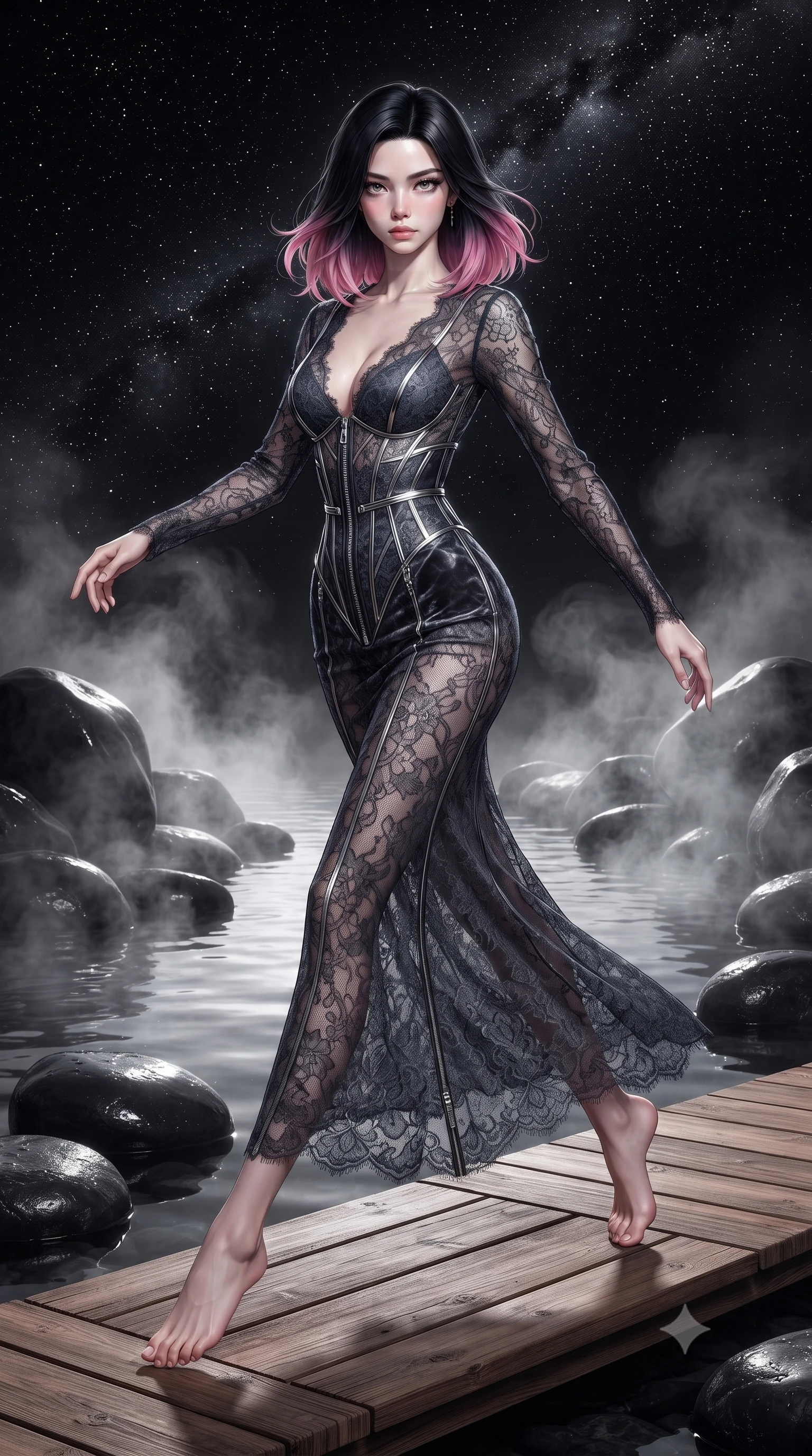 score_9, masterpiece, best quality, ultra-detailed, high-budget anime keyframe, editorial fashion photography, tasteful artistic composition, Korean woman. low angle full-body shot from head to toe showing her feet, filling the entire 9:16 vertical frame with her statuesque presence, stretching her vertical silhouette. leaping dynamically through the starry space, her posture full of power and elegance, stepping gracefully onto a warm cedar walkway surrounded by steaming thermal water, smooth black basalt rocks providing sharp black-and-silver background contrast. She has an absolutely perfect, statuesque 8.5-heads proportion, an exceptionally tall and slender model-like female figure with impossibly long slender legs and an ultra-slim waist. sharp v-shaped jawline, high-bridge nose, intricate jewel-like eyes with depth, thick eyelashes, glossy lips with a natural sheen. wearing gothic nebula sheer dark lace gown with plunging neckline in dark charcoal gray, made of crushed dark silk velvet, finished with metallic silver boning and sleek zipper points, contouring every curve with an exceptionally elegant silhouette. bathed in soft thermal steam rays creating ethereal gradient shading. ultra-reflective glossy finish, specular highlights, metallic sheen, high-contrast stereoscopic depth, volumetric dynamic lighting, 2k, ultra detail, master piece, 9:16 ratio
