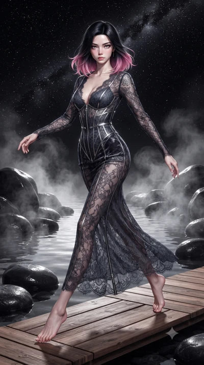 score_9, masterpiece, best quality, ultra-detailed, high-budget anime keyframe, editorial fashion photography, tasteful artistic composition, Korean woman. low angle full-body shot from head to toe showing her feet, filling the entire 9:16 vertical f