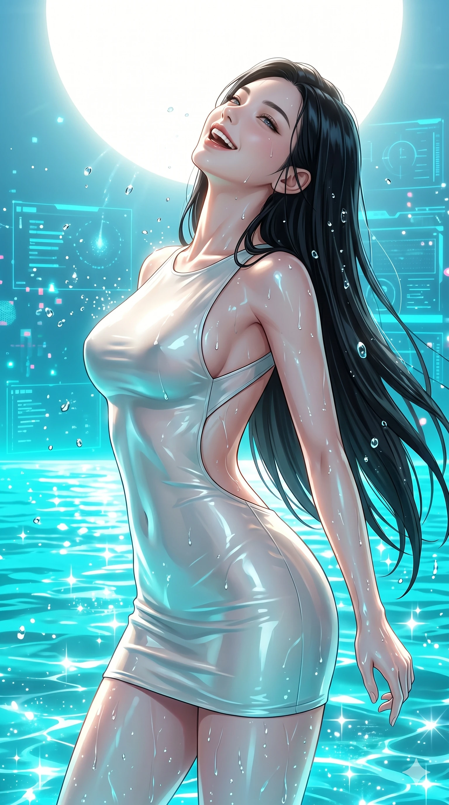 score_9, masterpiece, best quality, ultra-detailed, high-budget anime keyframe, semi-realistic 3D game render, Korean woman. Upper body close-up from the thighs up, character filling the screen for maximum presence. She is emerging from a virtual holographic ocean under a giant artificial sun. She arches her back, shaking water droplets from her hair with a free-spirited, enticing laugh. She has an absolutely perfect 8-heads proportion, an exceptionally tall and slender female figure with impossibly long slender legs and an ultra-slim waist. V-shaped jawline, high-bridge nose, intricate jewel-like eyes with depth, thick eyelashes, glossy lips with a natural sheen. She is wearing a second-skin fashion-latex mini dress with a clean architectural front, featuring an open-back design that wraps around the sides of her waist, showcasing her slender silhouette. The scene is drenched in bright midday beach sun and sparkling caustic reflections from the neon turquoise water. 2k, ultra detail, master piece, 9:16 ratio