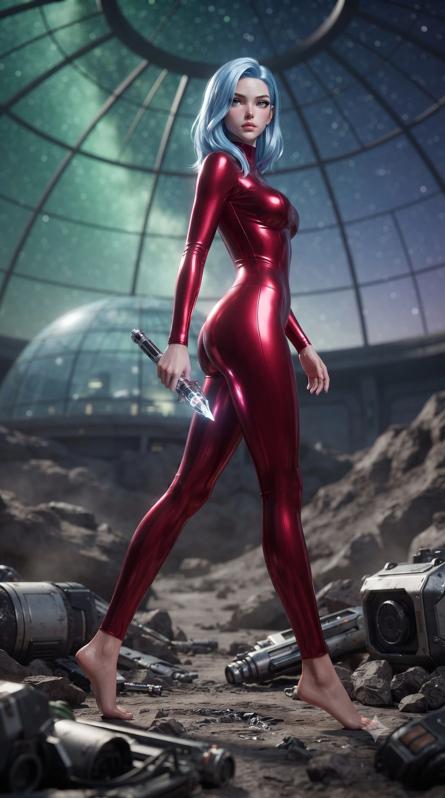 score_9, masterpiece, best quality, ultra-detailed, high-budget anime keyframe, editorial fashion photography, tasteful artistic composition, Korean woman. low angle full-body shot from head to toe showing her feet, filling the entire 9:16 vertical frame with her statuesque presence, stretching her vertical silhouette. stepping gracefully through battlefield debris with a glowing saber hilt in hand, looking back over her shoulder, the background shows a soft-focus an observatory glass dome built on a high mountain peak of a barren asteroid. She has an absolutely perfect, statuesque 8.5-heads proportion, an exceptionally tall and slender model-like female figure with impossibly long slender legs and an ultra-slim waist. sharp v-shaped jawline, high-bridge nose, intricate jewel-like eyes with depth, thick eyelashes, glossy lips with a natural sheen. wearing a body-hugging form-contouring high-neck bodycon suit in deep crimson, contouring her athletic build like a second skin. soft green and indigo starlight filtering through the glass dome ceiling panels. ultra-reflective glossy finish, specular highlights, metallic sheen, high-contrast stereoscopic depth, volumetric dynamic lighting, 2k, ultra detail, master piece, 9:16 ratio