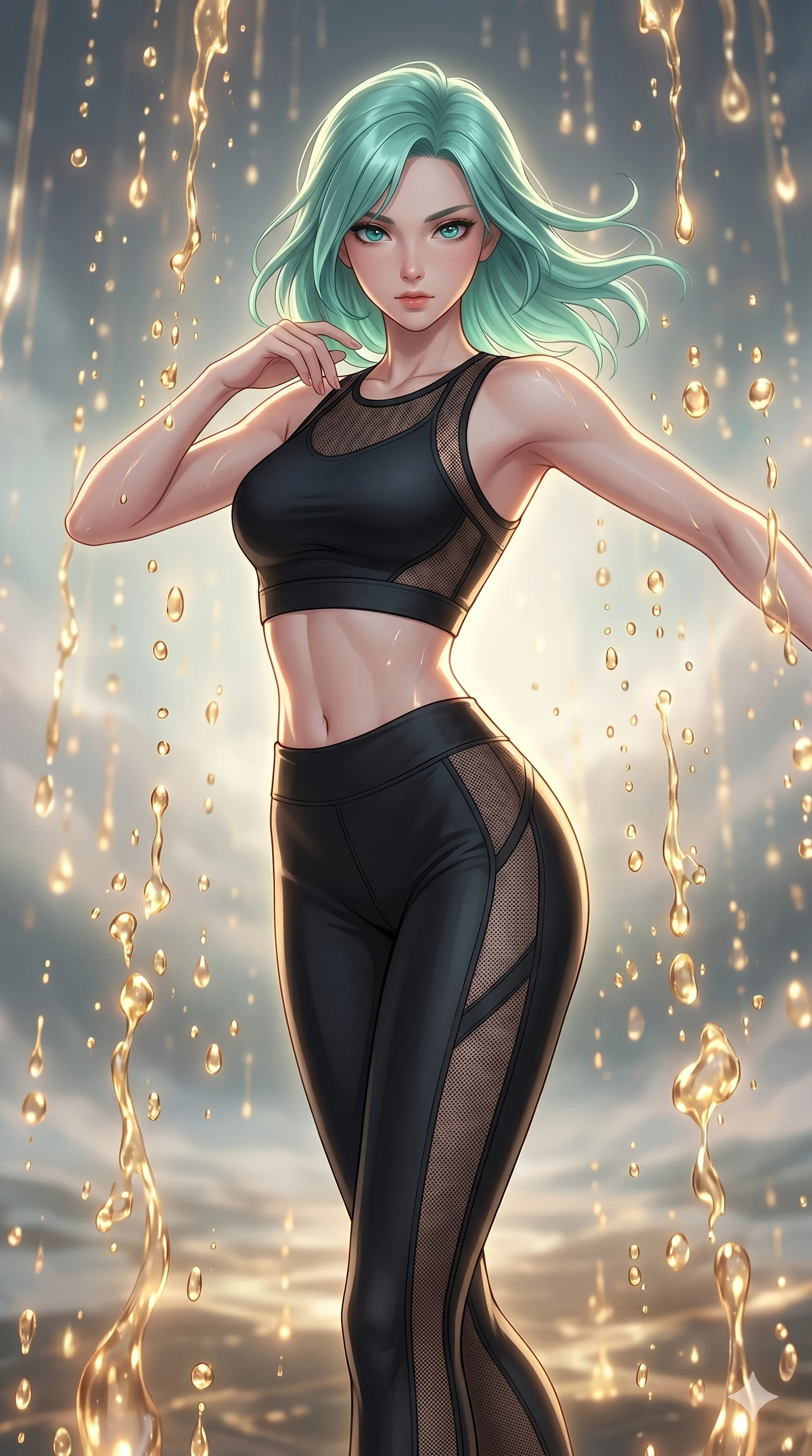 score_9, masterpiece, best quality, ultra-detailed, high-budget anime keyframe, Japanese woman. upper body close-up from the thighs up, character filling the screen for maximum presence. dodging ethereal liquid gold rain that rises upward from the ground in warm shimmering droplets under an inverted gravity field. She has an absolutely perfect 8-heads proportion, an exceptionally tall and slender female figure with impossibly long slender legs and an ultra-slim waist. V-shaped jawline, high-bridge nose, intricate jewel-like eyes with depth, thick eyelashes, glossy lips with a natural sheen.. wearing a structured mesh athleisure set, featuring a fitted matte black crop top and leggings with architectural semi-opaque mesh panels tracing her silhouette. lit by a soft glowing ambient light and a sharp side key light that traces the sleek contours of her athletic build. 2k, ultra detail, master piece, 9:16 ratio
