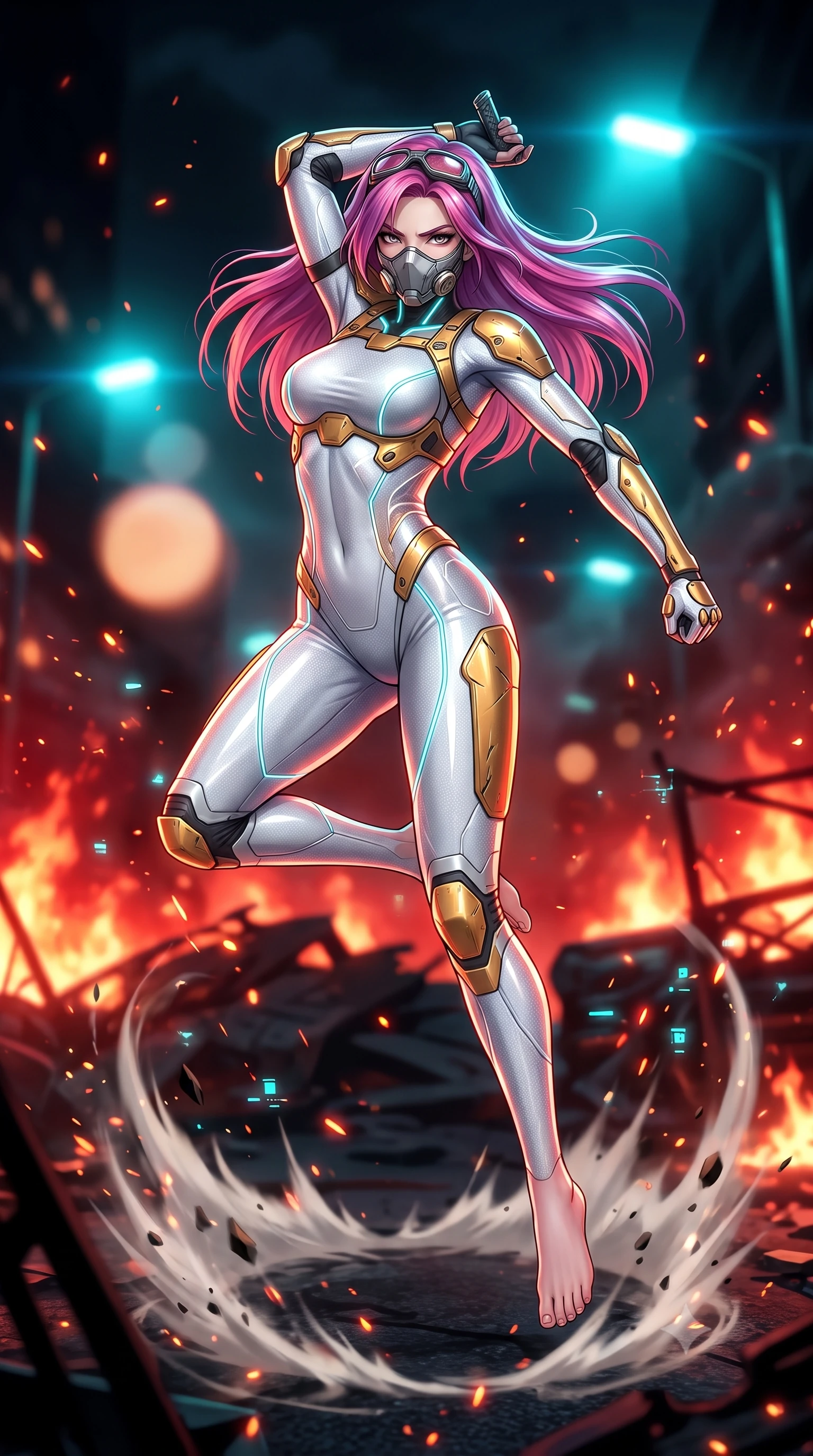 score_9, masterpiece, best quality, ultra-detailed, high-budget anime keyframe, semi-realistic 3D game render, editorial fashion photography, tasteful artistic composition, Caucasian woman. low angle full-body shot from head to toe showing her feet, filling the entire 9:16 vertical frame with her statuesque presence, stretching her vertical silhouette. leaping into mid-air with an athletic yet alluring arch of her spine, driving a downward kinetic strike surrounded by a ring of displaced air while standing resolute amidst blazing wreckage with goggles pushed up into her hair, gazing forward with unyielding defiance. The composition keeps background elements in soft focus with creamy bokeh. drifting fire embers and holographic HUD motes scattering radiant glints across a dark urban warzone. She has an absolutely perfect, statuesque 8.5-heads proportion, an exceptionally tall and slender model-like female figure with impossibly long slender legs, a toned flat midriff, and an ultra-slim waist. sharp v-shaped jawline, high-bridge nose, intricate jewel-like eyes with depth, thick eyelashes, glossy lips with a natural sheen, fierce and resolute heroine expression, flawlessly proportioned anatomical accuracy, strict slender model proportions, natural body alignment, perfectly sculpted long slender limbs, ultra-slim waistline, clean dynamic posture without body distortion. wearing a sleek titanium half-face combat rebreather guard protecting her lower jaw while leaving her expressive eyes and long hair flowing freely, paired with a tailored tactical combat jumpsuit with an open-back harness design, reinforced composite breastplate, and high-mobility elbow dampers in arctic white carbon composite with scratched solar gold armor plating, crafted from semi-translucent cybernetic carbon-vinyl interwoven with glowing micro-filaments, accented with glowing fiber-optic telemetry conduits tracing her collarbones and hip curves, the glove-like aerodynamic second-skin fit tightly clinging to her ultra-slender waist and athletic curves without adding bulk, accentuating her razor-sharp statuesque lines and slim hourglass silhouette. bathed in blazing crimson barricade fire glow and high-contrast electric cyan streetlamp rim lights. rich saturated anime colors with glowing neon highlights, detailed shading with soft gradients, rich glossy textures, high-contrast stereoscopic depth, volumetric dynamic lighting, master piece, 9:16 ratio