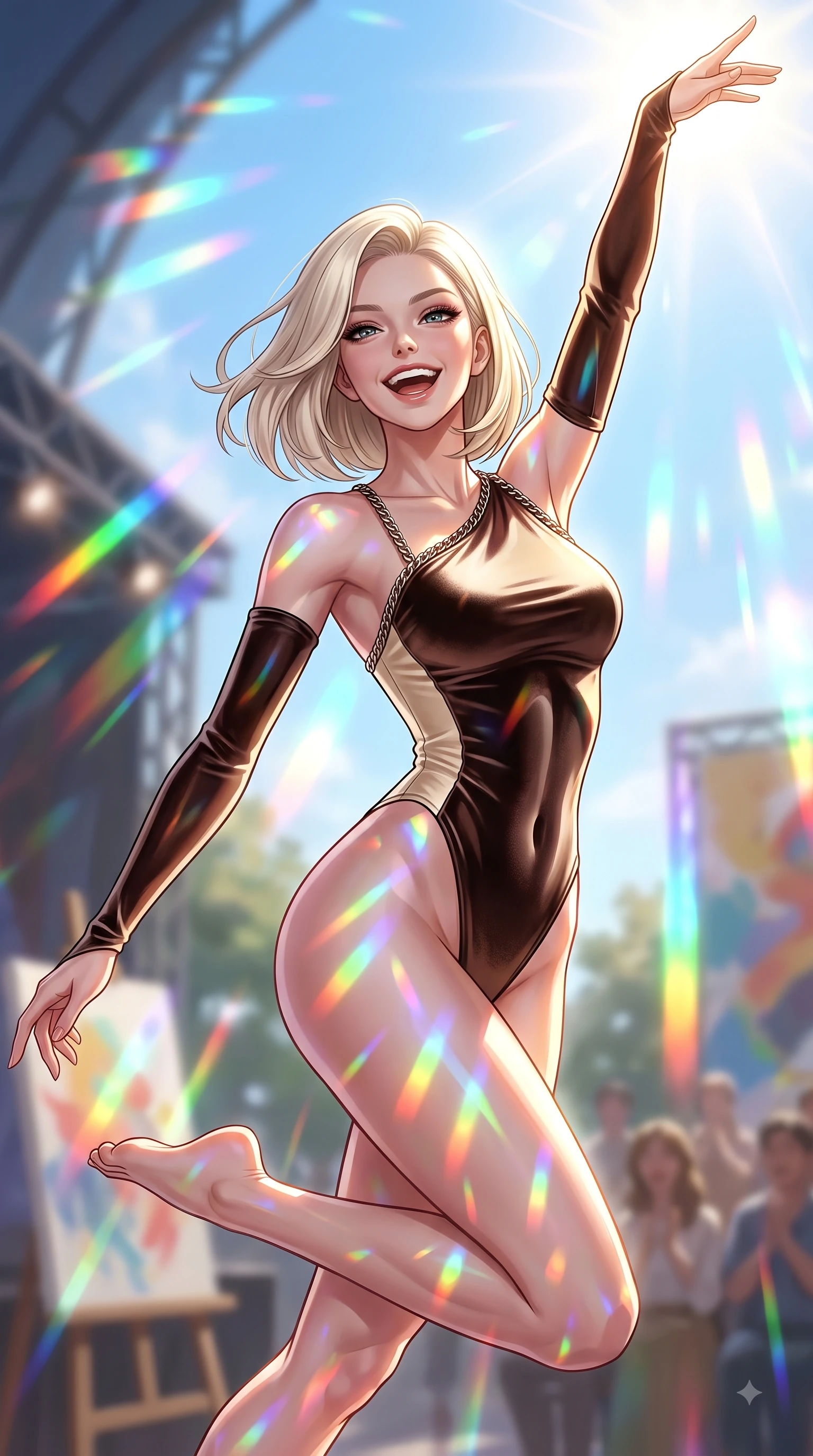 score_9, masterpiece, best quality, ultra-detailed, high-budget anime keyframe, editorial fashion photography, tasteful artistic composition, Caucasian woman. close-up cowboy shot from the waist and thighs up, the character dominates the composition, filling the frame with her large presence, background elements kept in soft focus. Extending one arm in an elegant stretch toward the sun while smiling with vibrant, magnetic self-assurance while leaping dynamically through the air with a radiant laughing expression on an open art stage, a kaleidoscope of refractions forming colorful geometric light patterns on her skin. She has an exceptionally elegant, slender, and willowy female figure with an ultra-slim waist, a gracefully sculpted slender torso, and a refined silhouette. sharp v-shaped jawline, high-bridge nose, intricate jewel-like eyes with depth, thick eyelashes, glossy lips with a natural sheen, flawlessly proportioned anatomical accuracy, natural body alignment, perfectly sculpted elegant limbs, clean dynamic posture without body distortion. wearing an asymmetrical high-cut tech-bodysuit with detached sleeves in espresso brown and warm cream, made of premium stretch velvet with a rich sheen, adorned with delicate metallic chain straps along the neckline, the sleek second-skin texture accentuating her magnetic presence. illuminated by brilliant multi-color rainbow light refracting through glass prisms. ultra-reflective glossy finish, specular highlights, metallic sheen, high-contrast stereoscopic depth, volumetric dynamic lighting, 2k, ultra detail, master piece, 9:16 ratio