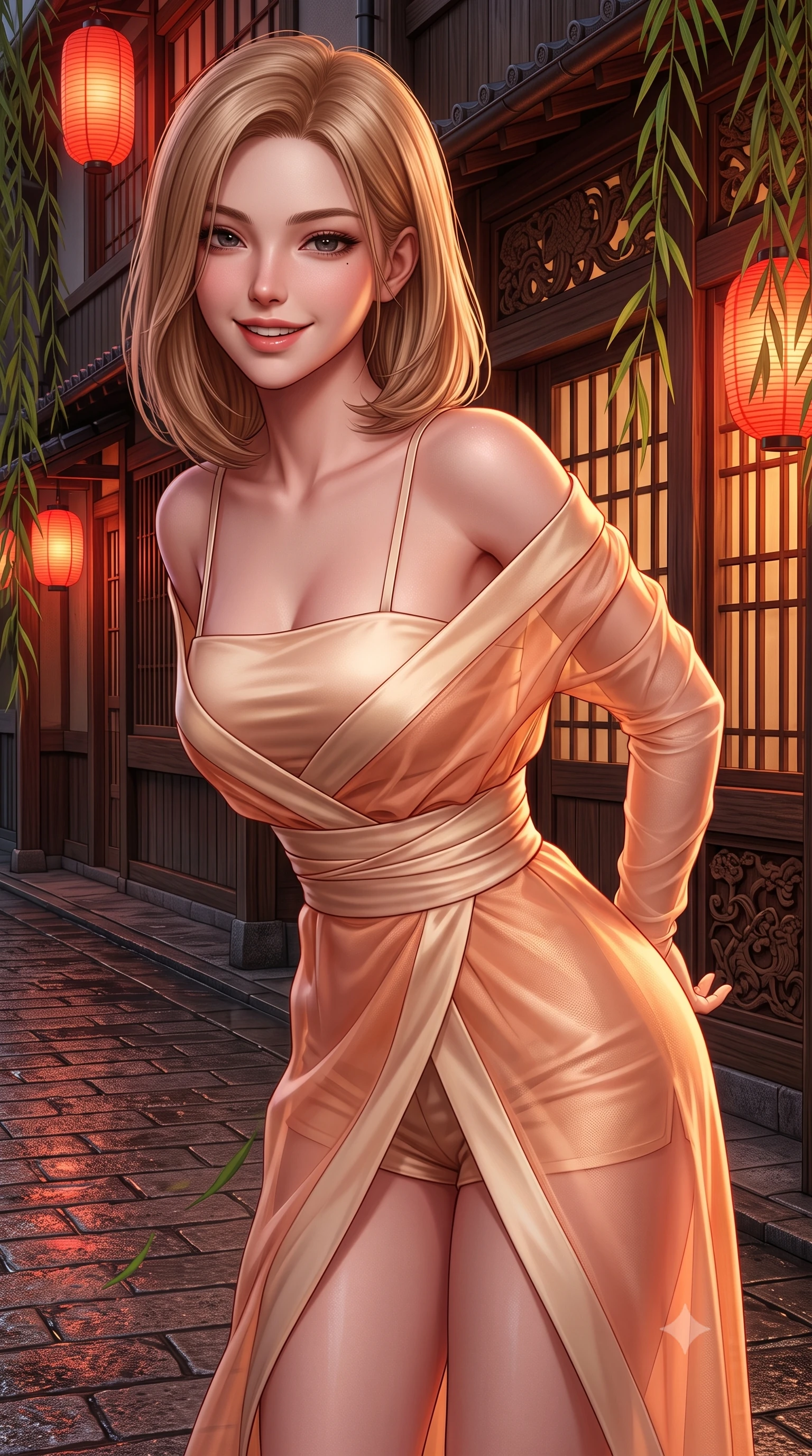 score_9, masterpiece, best quality, ultra-detailed, high-budget anime keyframe, semi-realistic 3D game render, editorial fashion photography, tasteful artistic composition, Korean woman. close-up cowboy shot from the waist and thighs up, the character dominates the composition, filling the frame with her large presence. resting both hands lightly behind her back while leaning toward the lens with a cheerful, teasing grin, her form-fitting fusion dress hugging her narrow waist and hip curve while twisting her slender torso in an alluring contrapposto stance, trailing weeping willow fronds brushing past her tight fusion dress and hips. The surrounding environment is rendered in vivid detail and crisp panoramic clarity: detailed brocade fabric weave, rain-kissed pavement sheen, and traditional Kyoto street architecture in razor-sharp clarity. She has an exceptionally elegant, slender, and willowy female figure with an ultra-slim waist, flat toned midriff, narrow ribcage, and sculpted feminine hips creating an alluring, slim hourglass silhouette without bulk. sharp v-shaped jawline, high-bridge nose, intricate jewel-like dark sparkling almond eyes with depth, thick lashes, glossy parted lips with a natural rose-plum sheen, bright alluring and coquettish smile with bedroom-eyes, exuding both timeless oriental elegance and sovereign high-fashion allure, flawlessly proportioned anatomical accuracy, strict slender model proportions, natural body alignment, perfectly sculpted long slender limbs, ultra-slim waistline, clean dynamic posture without body distortion. wearing a sheer gossamer silk robe draped casually off bare shoulders over a form-fitting strappy satin bandeau and micro-shorts in warm peach apricot and soft vanilla silk, tailored from sheer gossamer silk organza with an airy weightless flutter, complemented by delicate sheer silk fingerless gloves reaching past her elbows, the high-waisted wrap tailoring accentuating her ultra-slim waistline and the enchanting curve of her feminine hips with alluring oriental charm. bathed in the warm nostalgic glow of red paper street lanterns and teahouse window spill. highly saturated vibrant anime colors, detailed shading with soft gradients, rich glossy textures, high-contrast stereoscopic depth, volumetric dynamic lighting, master piece, 9:16 ratio