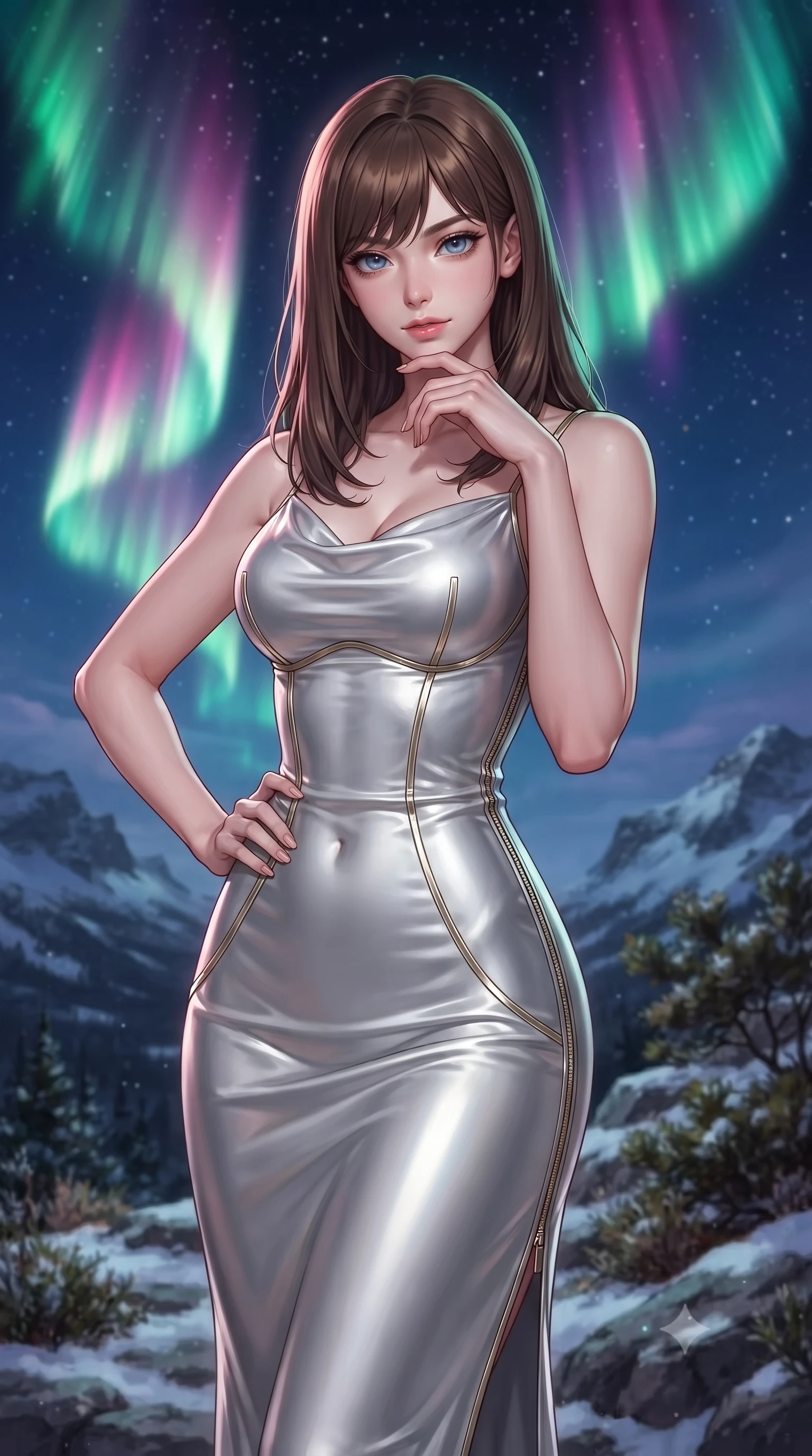 score_9, masterpiece, best quality, ultra-detailed, high-budget anime keyframe, editorial fashion photography, tasteful artistic composition, Korean woman. close-up cowboy shot from the waist and thighs up, the character dominates the composition, filling the frame with her large presence, background elements kept in soft focus. Holding a confident power pose with one hand on her hip, standing on a mountain terrace as green and violet aurora ribbons dance overhead, emerald green, magenta, and violet aurora light cascading across the night sky. She has an exceptionally elegant, slender, and willowy female figure with an ultra-slim waist, a gracefully sculpted slender torso, and a refined silhouette. sharp v-shaped jawline, high-bridge nose, intricate jewel-like eyes with depth, thick eyelashes, glossy lips with a natural sheen. wearing form-contouring liquid silver jersey long slip dress in radiant platinum, made of liquid mercury jersey, finished with metallic gold boning and sleek zipper points, following her slender form with tailored precision. illuminated by shifting aurora borealis palette (emerald, magenta, violet) from above. highly saturated vibrant anime colors, detailed shading with soft gradients, rich glossy textures, high-contrast stereoscopic depth, volumetric dynamic lighting, master piece, 9:16 ratio