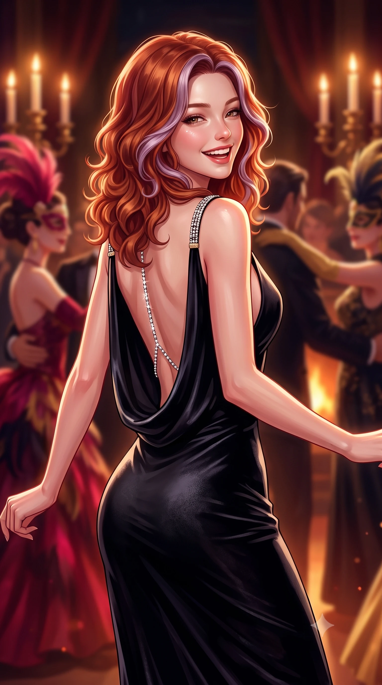 score_9, masterpiece, best quality, ultra-detailed, high-budget anime keyframe, semi-realistic 3D game render, editorial fashion photography, tasteful artistic composition, Caucasian woman. close-up cowboy shot from the waist and thighs up, the character dominates the composition, filling the frame with her large presence. laughing softly with genuine, enchanting warmth, eyes crinkling sweetly as specular highlights illuminate her cheeks while twirling on the crowded ballroom dance floor with a target diplomat, her smoldering gaze masking her lethal undercover mission. The composition keeps background elements in soft focus with creamy bokeh. dancing masquerade guests in feathered costumes and candelabra flames blurred into rich ruby, gold, and dark amber bokeh. She has an exceptionally elegant, slender, and willowy female figure with an ultra-slim waist, a gracefully sculpted slender torso, toned flat midriff, and a refined slim silhouette. sharp v-shaped jawline, high-bridge nose, intricate jewel-like eyes with depth, thick eyelashes, glossy lips with a natural sheen, captivating and magnetic expression, flawlessly proportioned anatomical accuracy, strict slender model proportions, natural body alignment, perfectly sculpted long slender limbs, ultra-slim waistline, clean dynamic posture without body distortion. wearing an opulent backless black velvet evening gown with a plunging cowl back and diamond-encrusted shoulder straps in midnight black and liquid gold, crafted from heavyweight crushed silk velvet with liquid luster, accented with a glittering diamond back chain tracing her bare spine edition #31, the glove-like aerodynamic second-skin fit tightly clinging to her ultra-slender waist and athletic curves without adding bulk, accentuating her razor-sharp statuesque lines and slim hourglass silhouette. bathed in romantic warm candelabra glow and dramatic fireplace ember uplights. highly saturated vibrant anime colors, detailed shading with soft gradients, rich glossy textures, high-contrast stereoscopic depth, volumetric dynamic lighting, master piece, 9:16 ratio