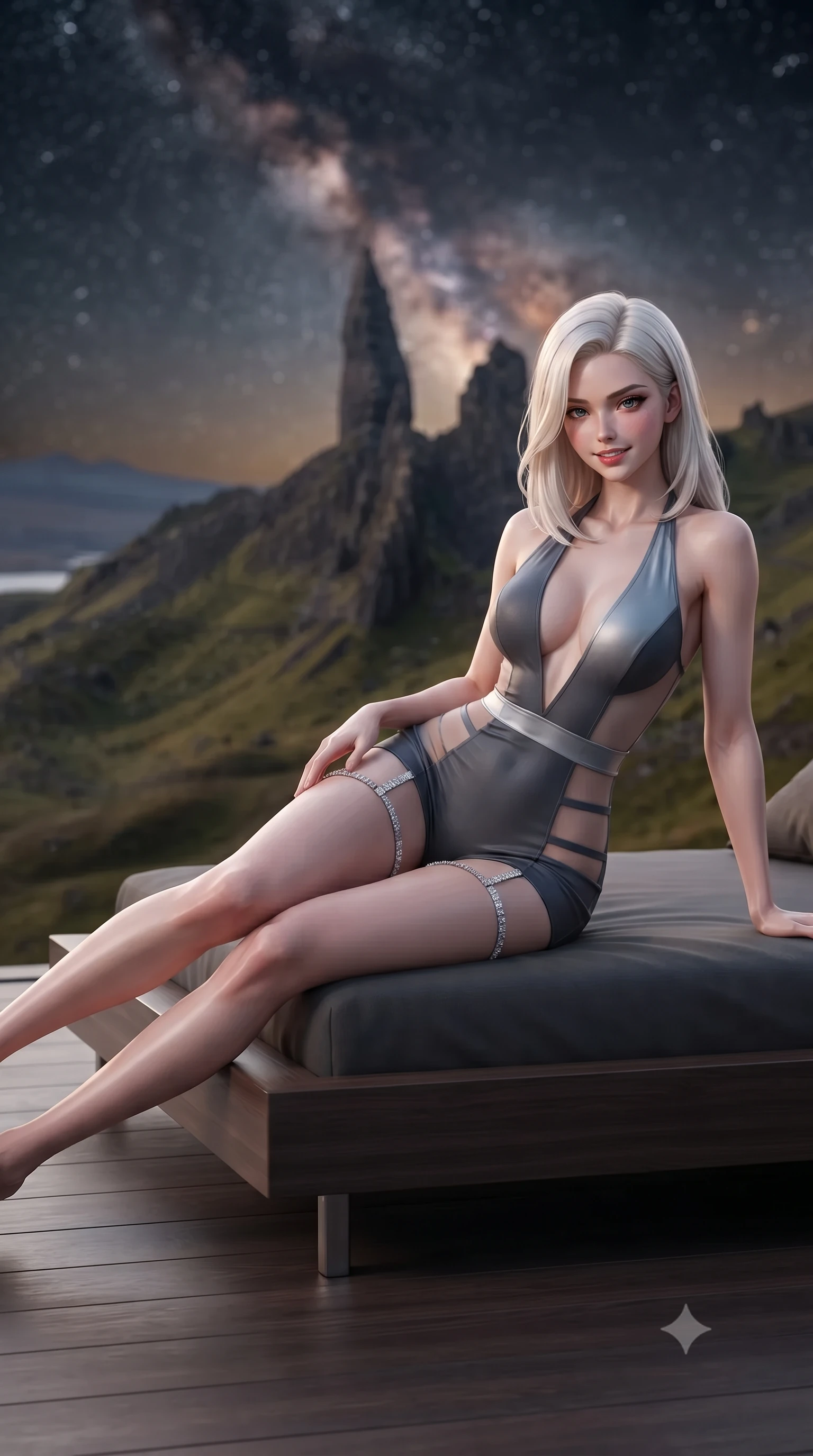 score_9, masterpiece, best quality, ultra-detailed, high-budget anime keyframe, editorial fashion photography, tasteful artistic composition, Caucasian woman. close-up cowboy shot from the waist and thighs up, the character dominates the composition, filling the frame with her large presence. tilting her head with a teasing half-smile, running one hand slowly down the side of her hip in a flirtatious S-curve as ambient light caresses her silhouette while lounging in the modern low-profile daybed propped on one elbow with legs extended, displaying her long slender limbs and statuesque hourglass silhouette against the peaks. The background shows a soft-focus monumental basalt rock spires of the Needle and Prison rock, rolling moorland below, and dense Milky Way starfield blurred into obsidian, amber, and diamond bokeh. She has an exceptionally elegant, slender, and willowy female figure with an ultra-slim waist, flat toned midriff, narrow ribcage, and sculpted feminine hips creating an alluring, slim hourglass silhouette without bulk. sharp v-shaped jawline, high-bridge nose, intricate jewel-like sparkling eyes with depth, thick eyelashes, glossy parted lips with a natural peach sheen, bright cheerful beaming smile with an enchanting and coquettish sensual glint, exuding both youthful cute charm and seductive allure, flawlessly proportioned anatomical accuracy, strict slender model proportions, natural body alignment, perfectly sculpted long slender limbs, ultra-slim waistline, clean dynamic posture without body distortion. wearing a daring low-cut halterneck romper with exposed midriff and strappy hip cutouts in Mont-Saint-Michel granite slate grey and moonlit tide silver, featuring strategic sheer-illusion tulle side panels framing her ribcage and hips, finished with delicate crystal-encrusted thigh garter straps glinting in the dim light, the glove-like clinging cut tightly following the natural contour of her hips and long slender legs with youthful 8.5-heads elegance. illuminated by deck wood reflection bounce and sharp starlight-platinum rim lights defining her razor-sharp jawline, narrow waist, and curvy hips. ultra-reflective glossy finish, specular highlights, rich textural contrasts, high-contrast stereoscopic depth, volumetric dynamic lighting, 2k, ultra detail, master piece, 9:16 ratio